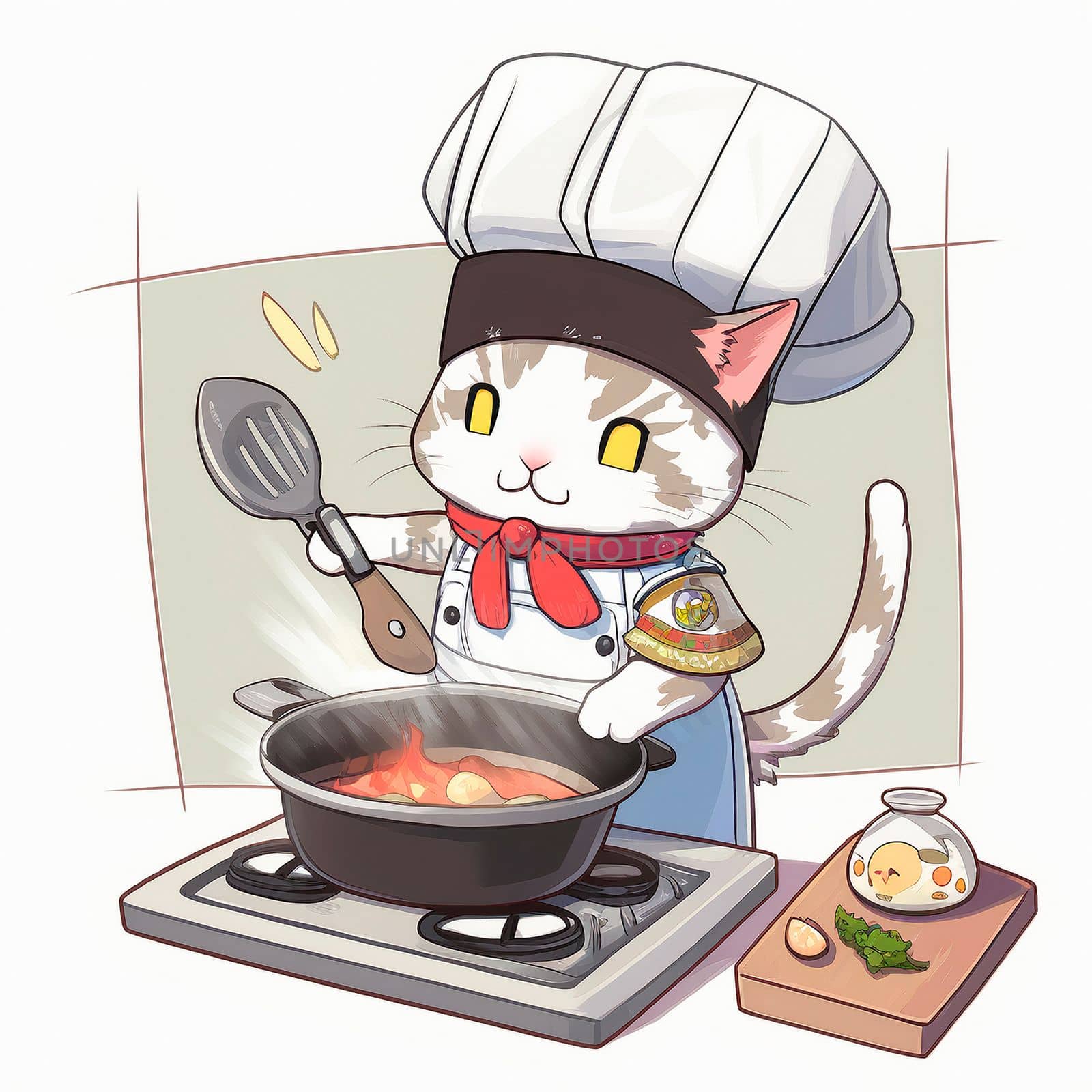 Cartoon image of a cook's cat in a chef's hat, who cooks something in the kitchen, cartoon by NeuroSky