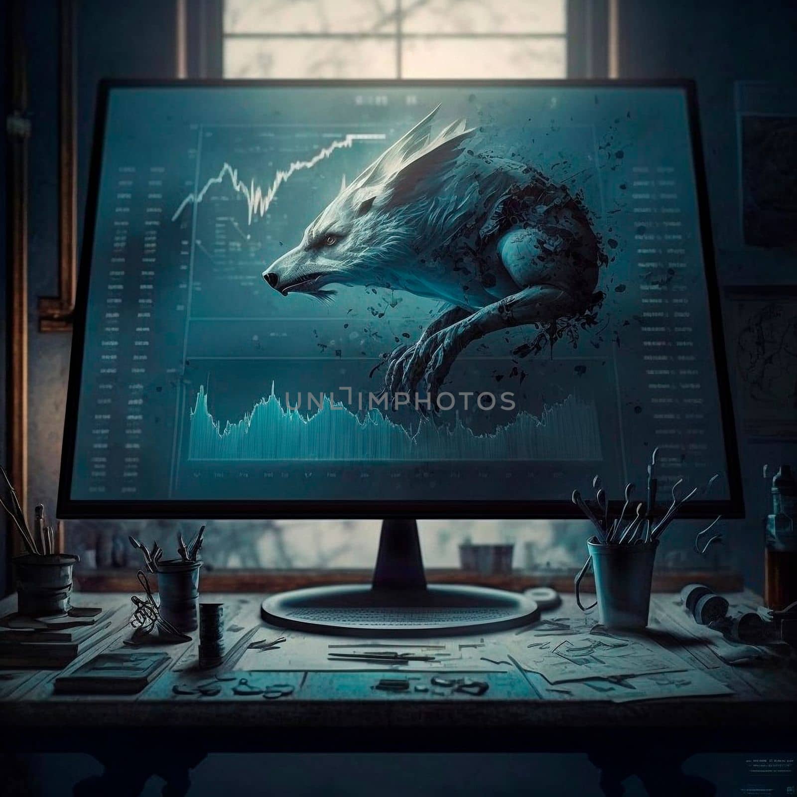 computer and screens with graphs in the office in retro style, graph analysis and world map. High quality illustration