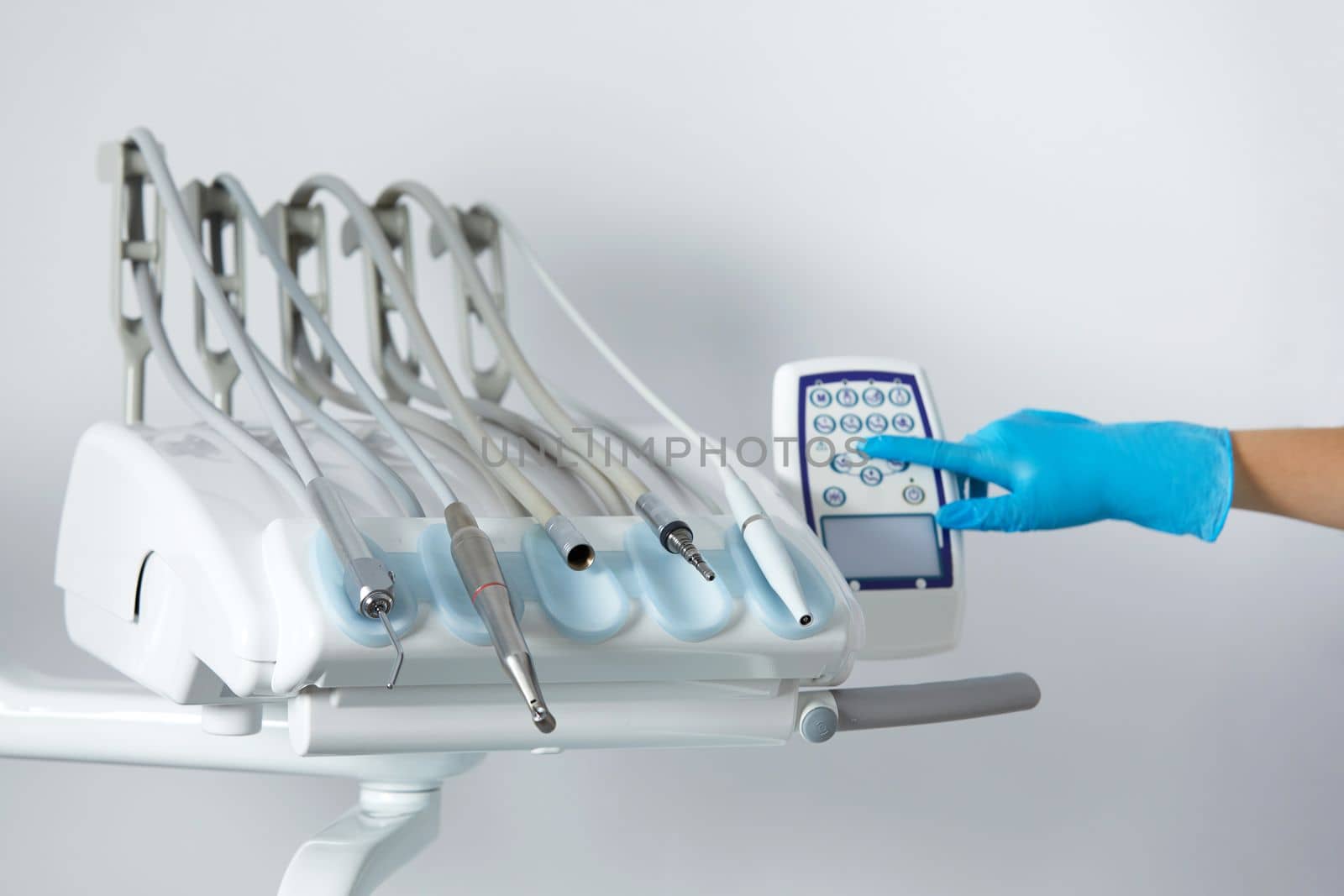 Dental health care concept background - Different stomatology instruments and tools in a dentists office