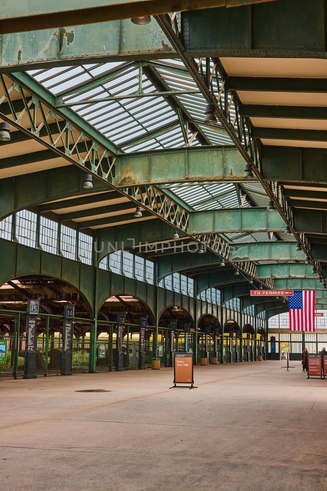 Image of Interior old abandoned train station in New Jersey with American Flag