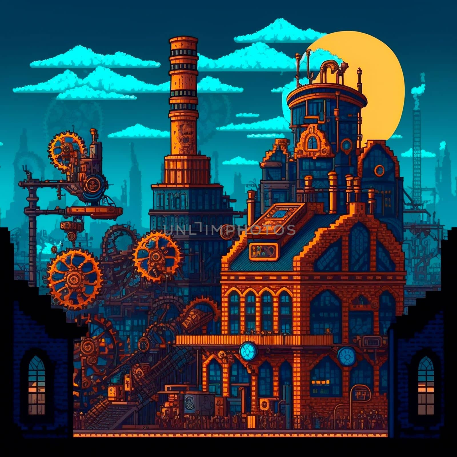 Cartoon image of a steampunk city stylized as pixelart. High quality illustration