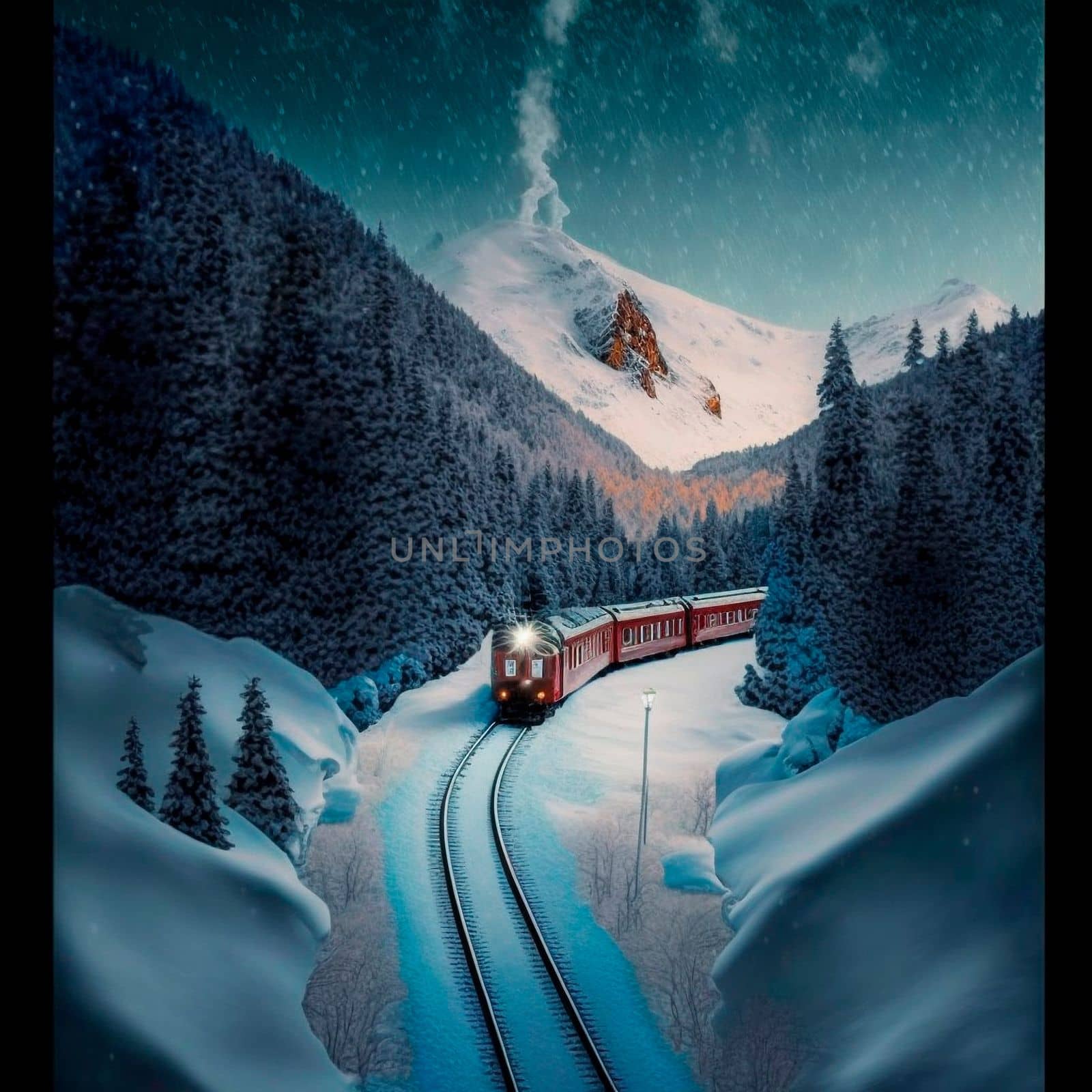 Winter train rides in snowy mountains. A beautiful winter fairy tale. High quality illustration