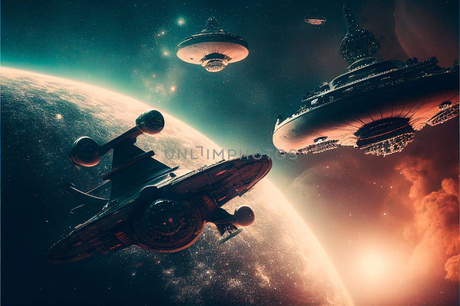 intergalactic spaceships on the background of planets and space. High quality illustration