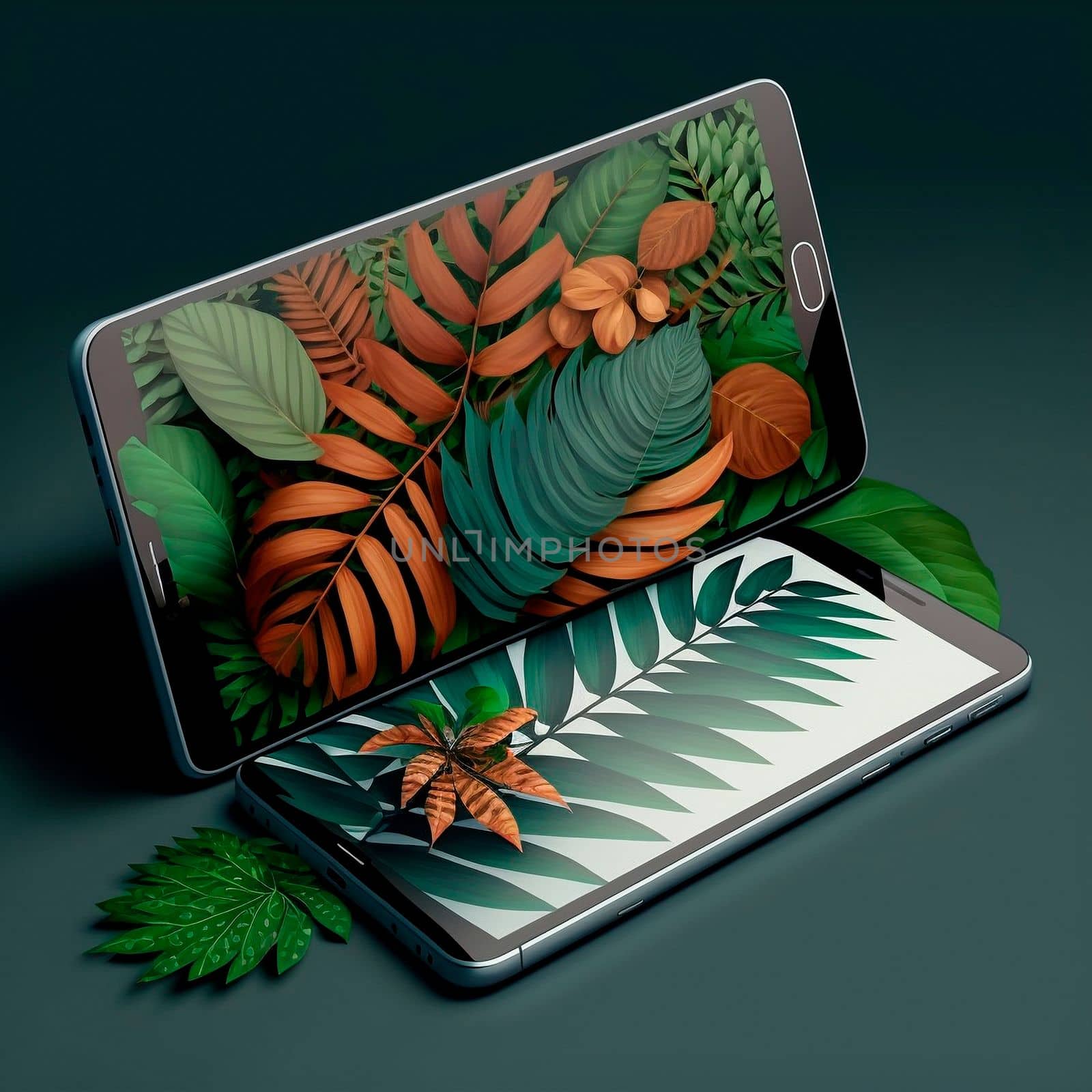 nature breaks out of the phone, tablet, laptop. Design, graphics. Image on tablet and phone side by side, graphics, graphic design. High quality illustration