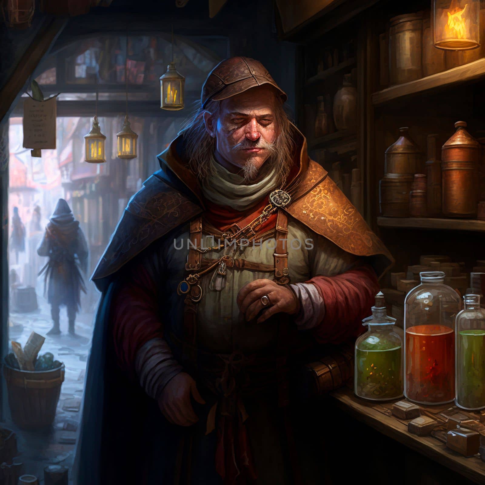 A mysterious man in a medieval market in the style of fantasy. High quality illustration