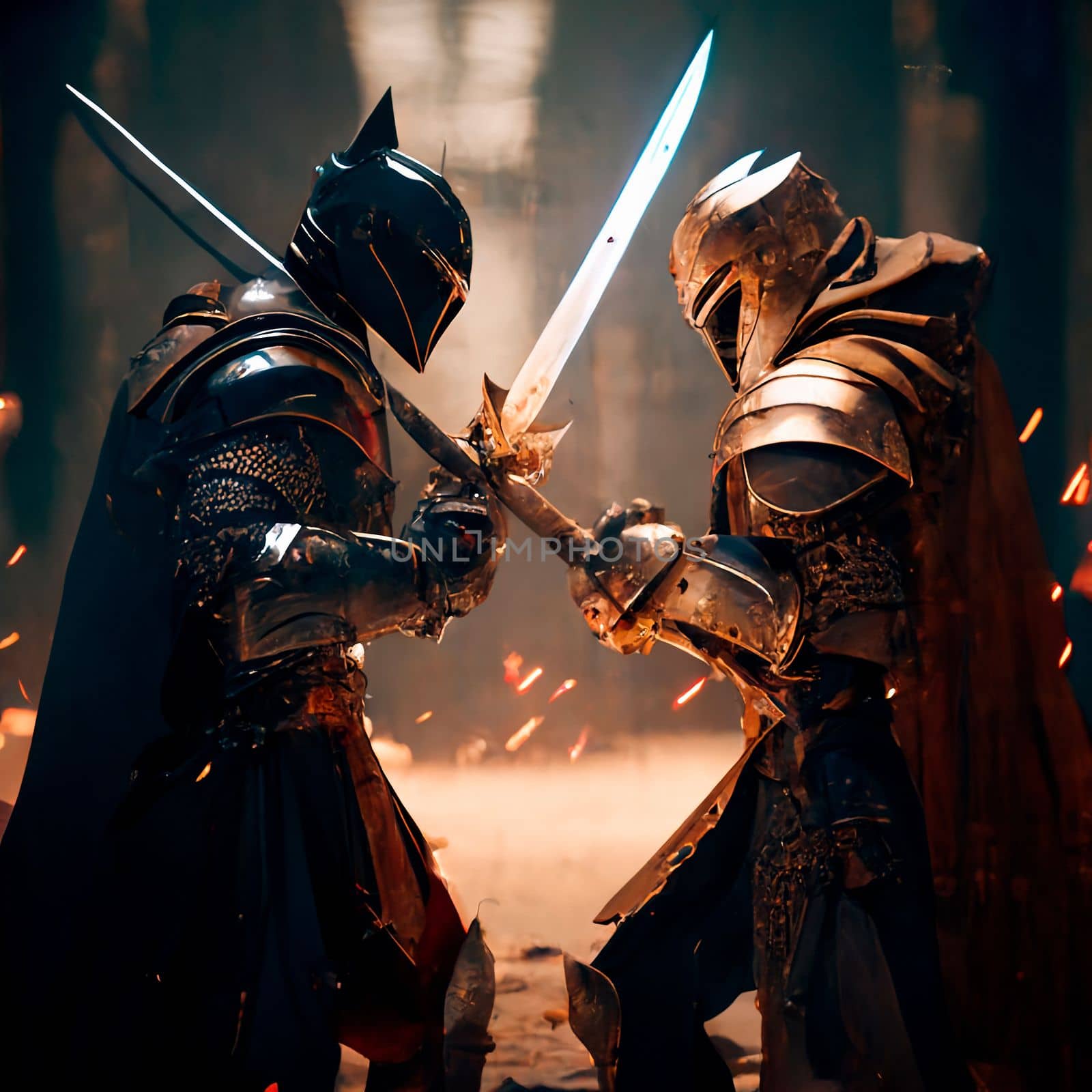 epic cinematic battle of two warriors in armor. High quality illustration