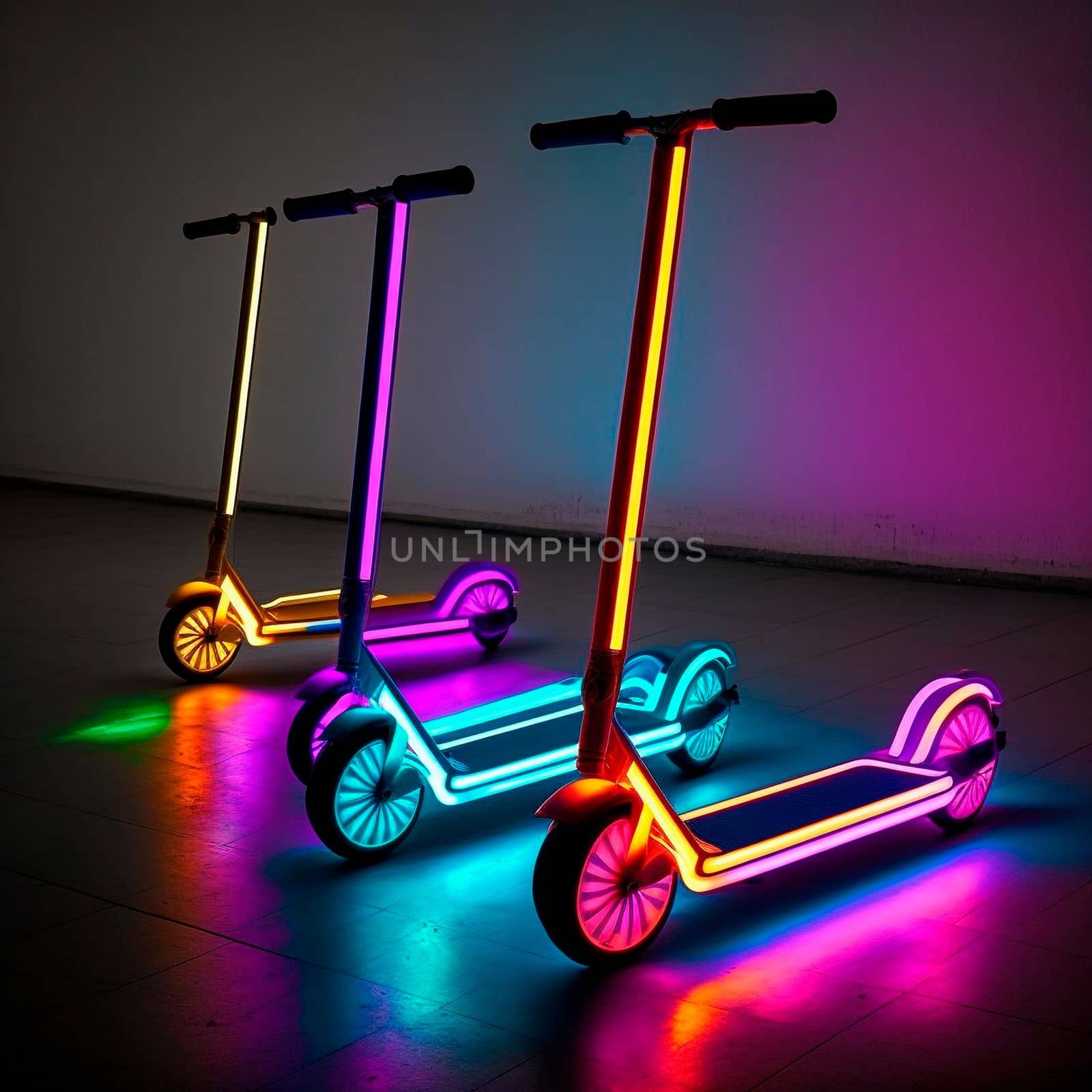 City scooters with neon lights. High quality illustration