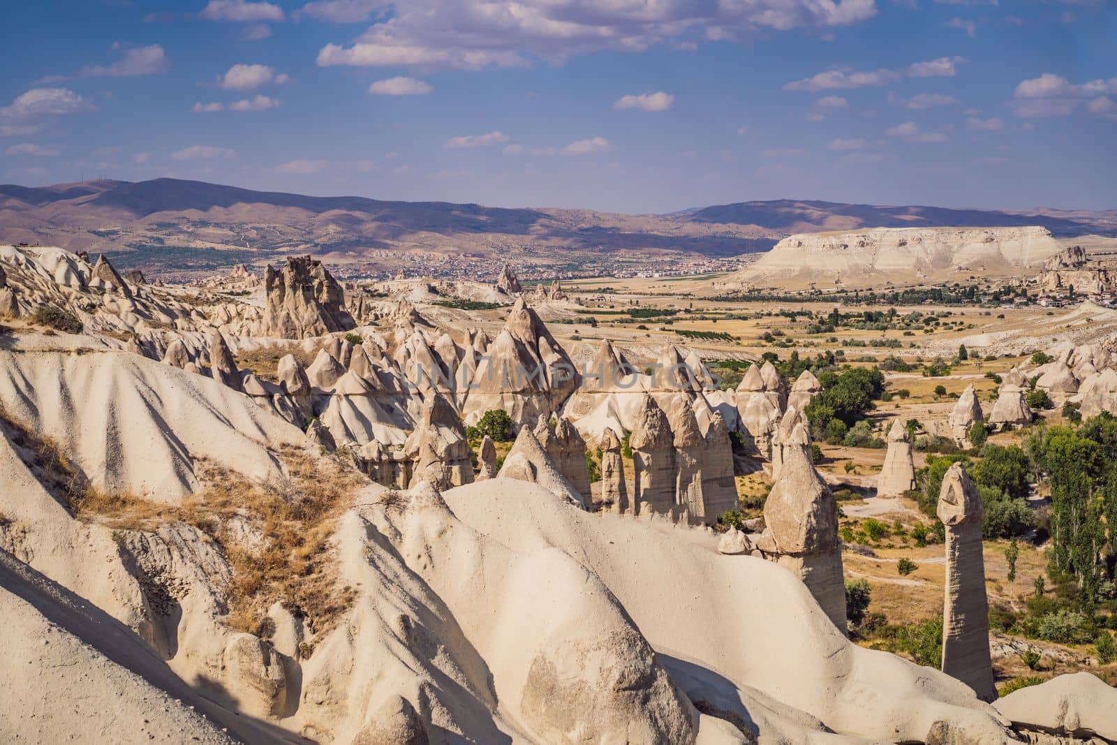 Unique geological formations in Love Valley in Cappadocia, popular travel destination in Turkey.