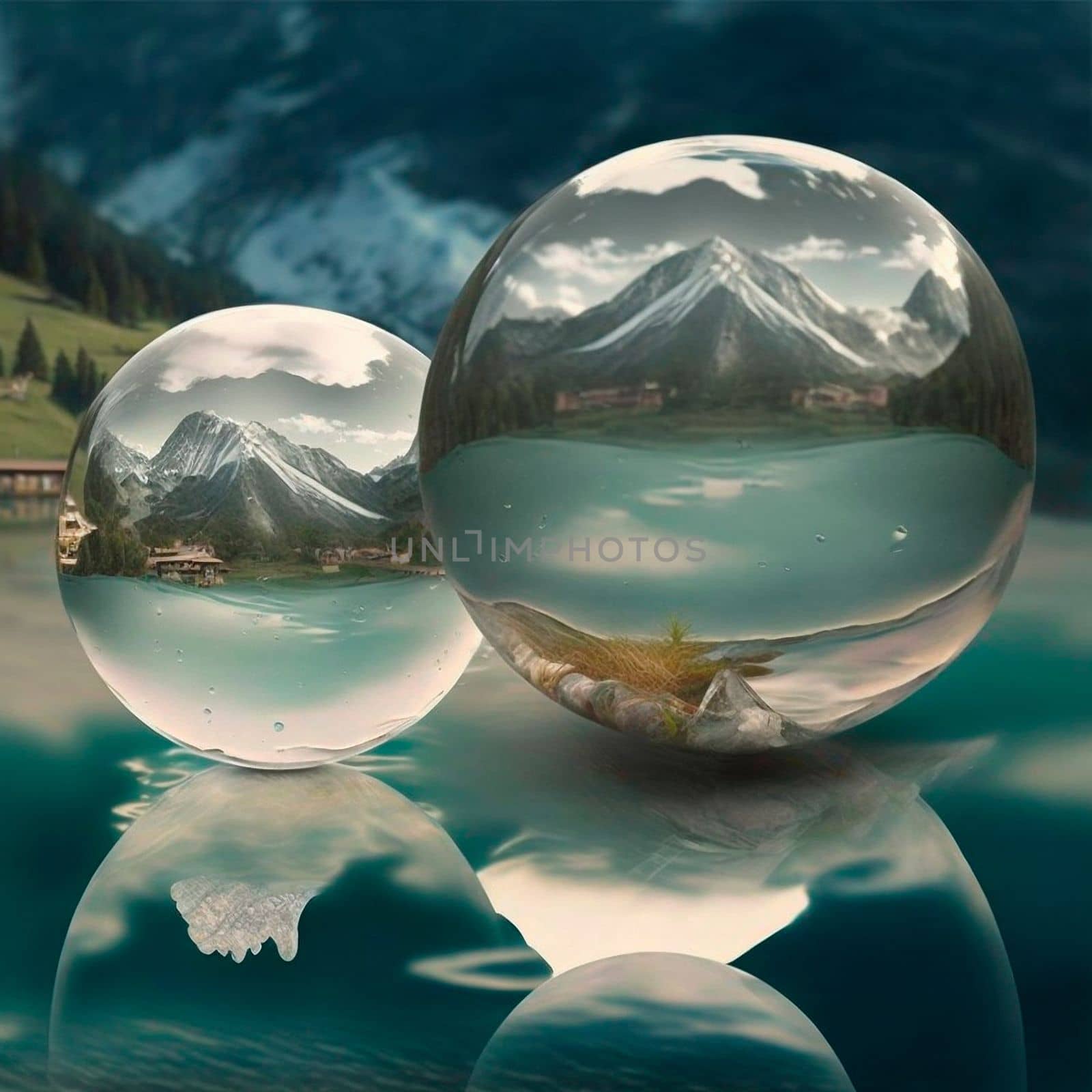 Transparent water spheres against a stunning backdrop of mountains and water. Reflection of the landscape and elements inside the spheres by NeuroSky