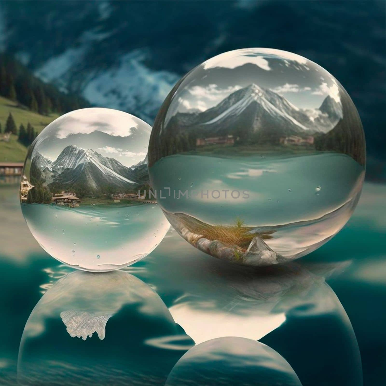 Transparent water spheres against a stunning backdrop of mountains and water. Reflection of the landscape and elements inside the spheres. High quality illustration