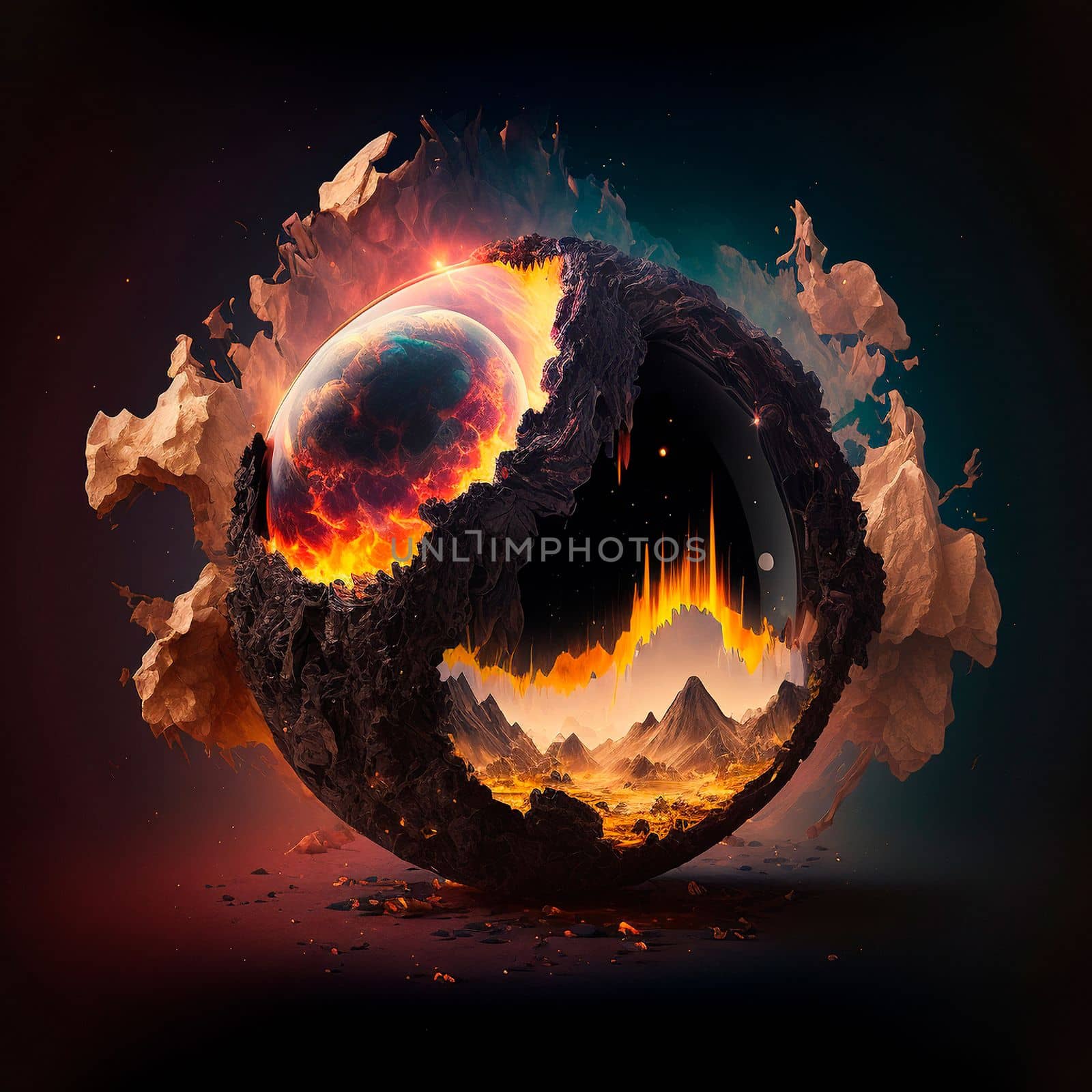 Red mountains, flashes and cracks on the surface. Gloomy sky. Magma and lava spread over the mountains. Lava world collection. High quality illustration