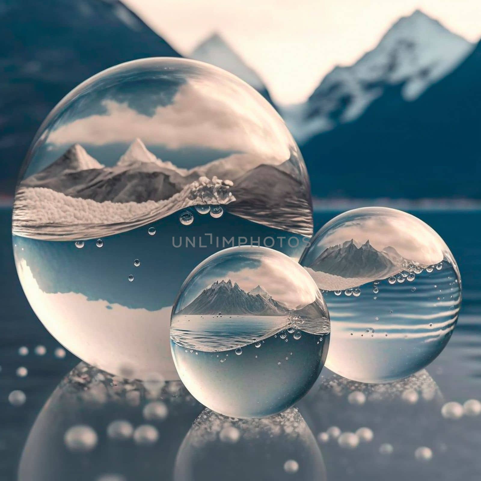 Transparent water spheres against a stunning backdrop of mountains and water. Reflection of the landscape and elements inside the spheres by NeuroSky