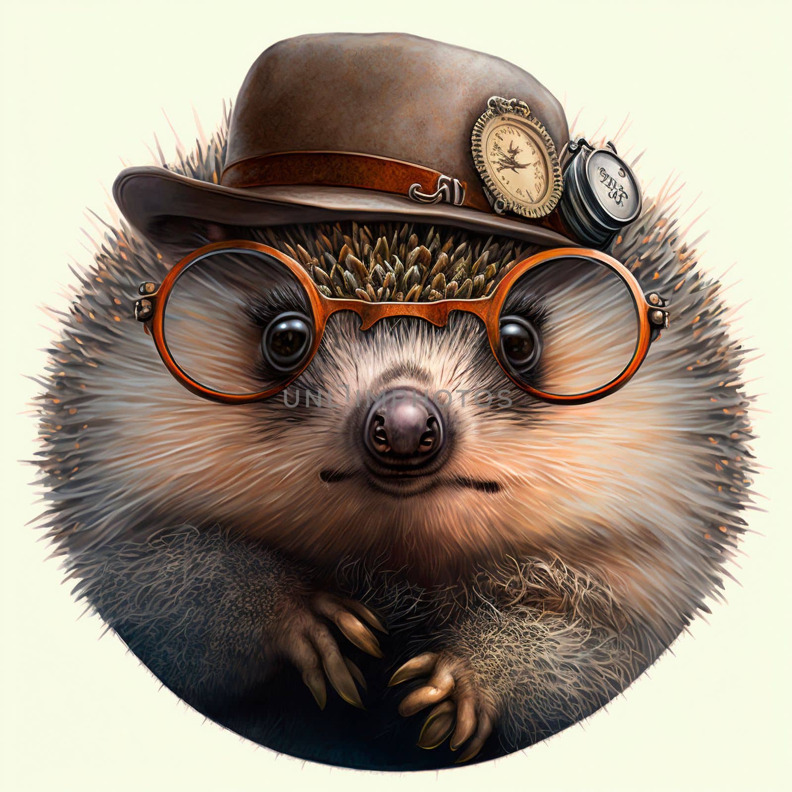 Hedgehog with glasses and a steampunk hat. High quality illustration