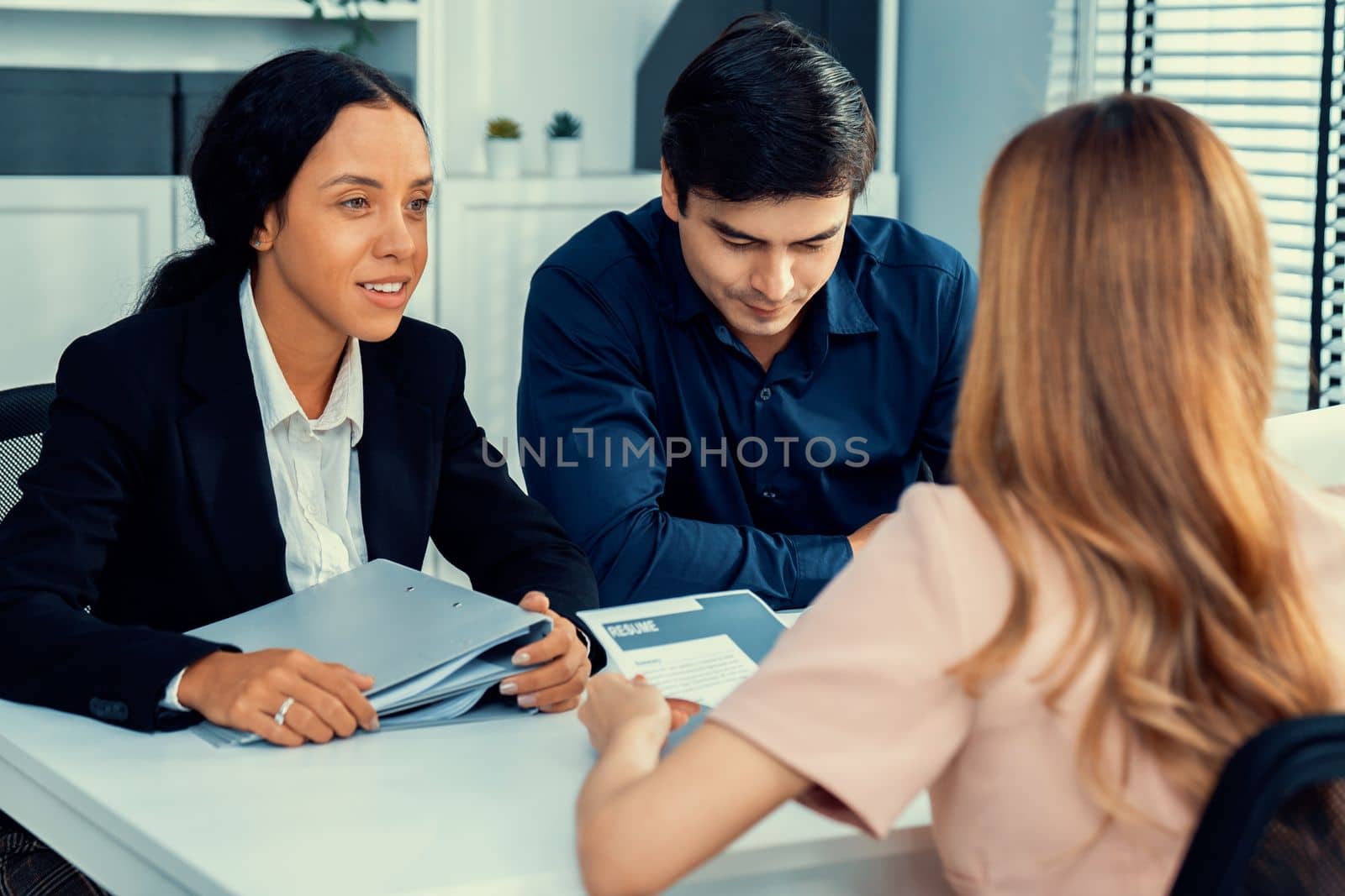 A young female asian candidate tries to impress her interviewer by being competent. International company, multicultural environment in workplace.