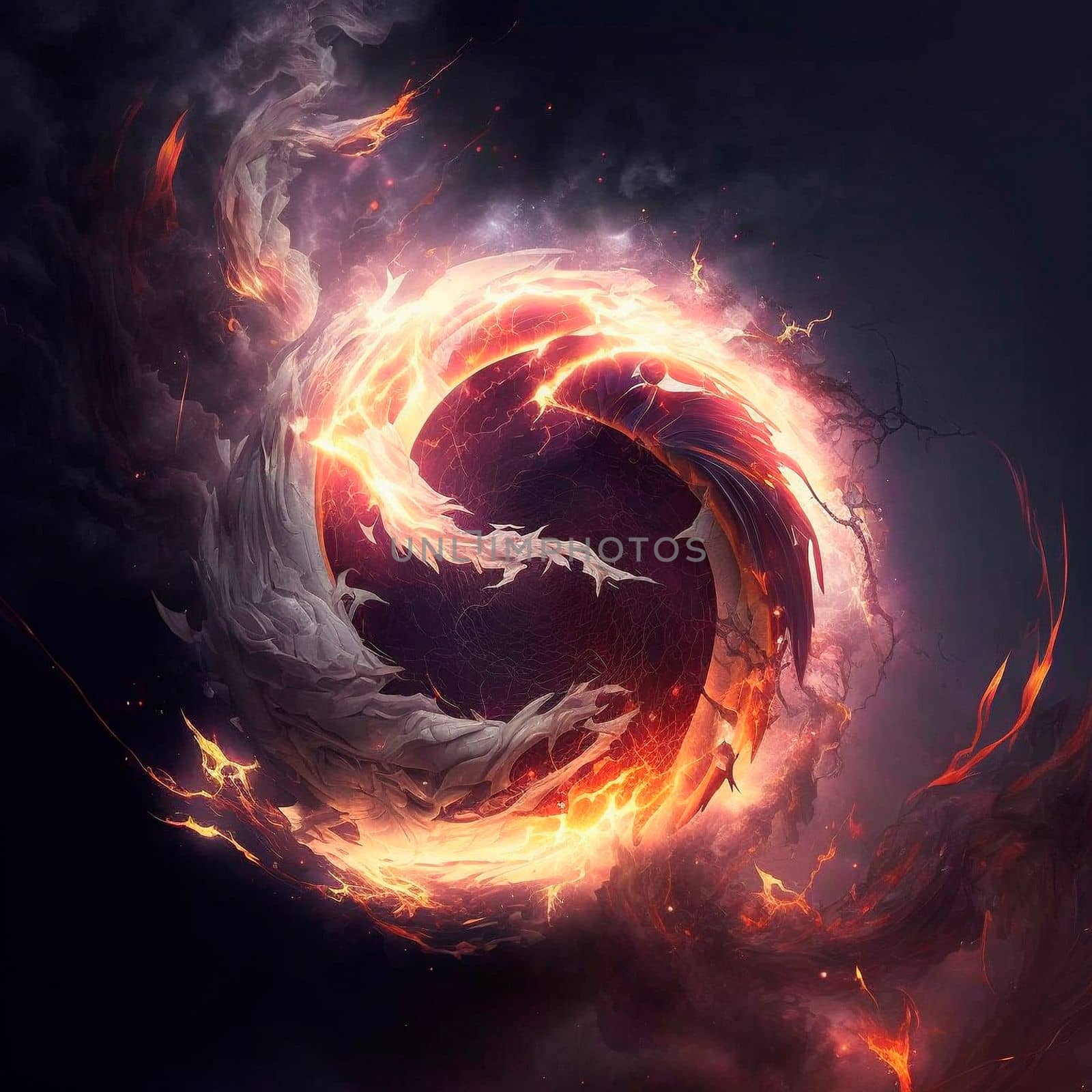 Abstract image of the energy of fire and lightning, which mix into something unified. High quality illustration