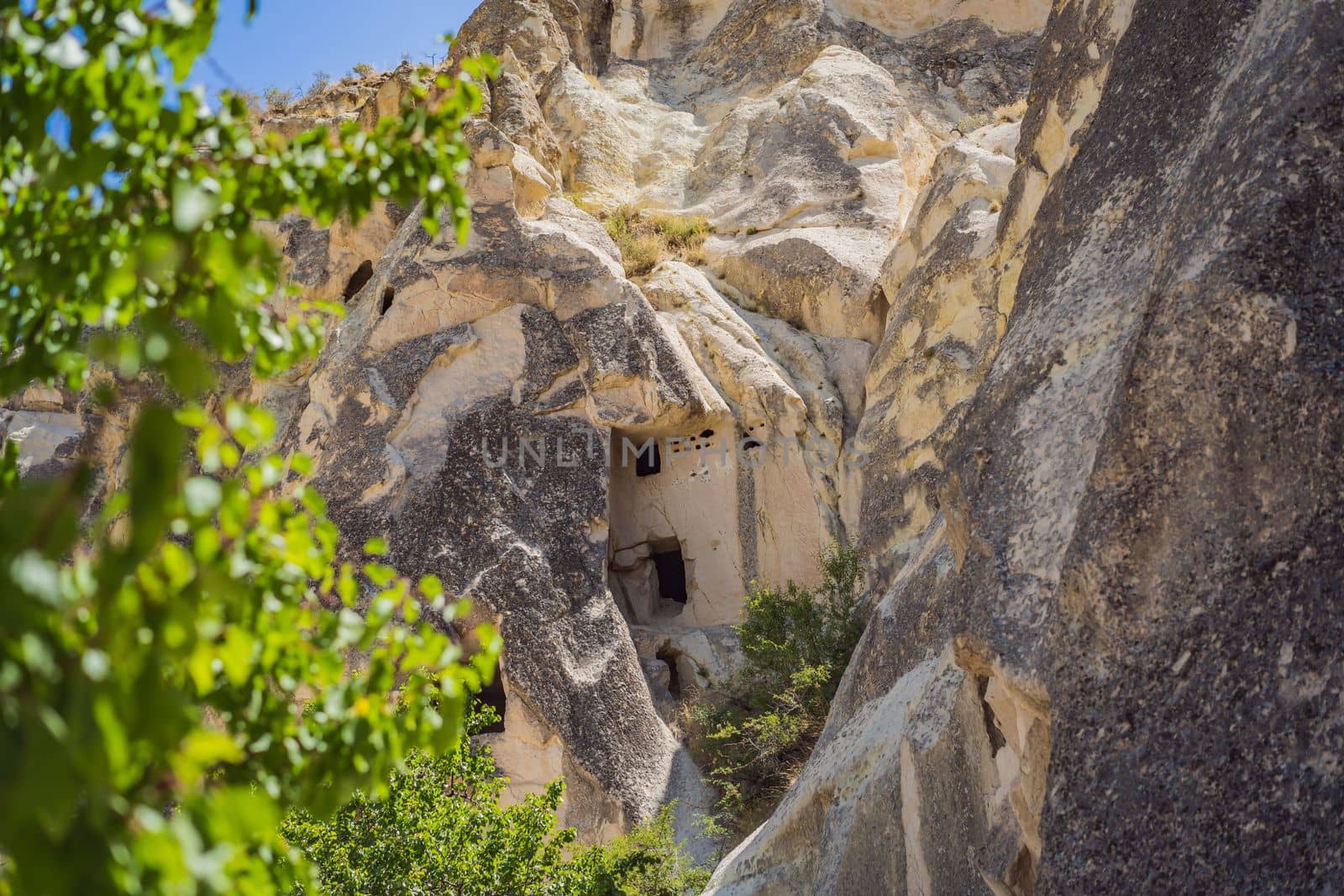 Beautiful stunning view of the mountains of Cappadocia and cave houses. Turkey.