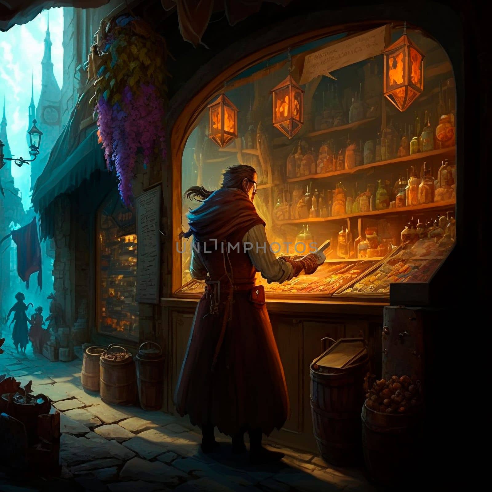 A mysterious man in a medieval market in the style of fantasy. High quality illustration