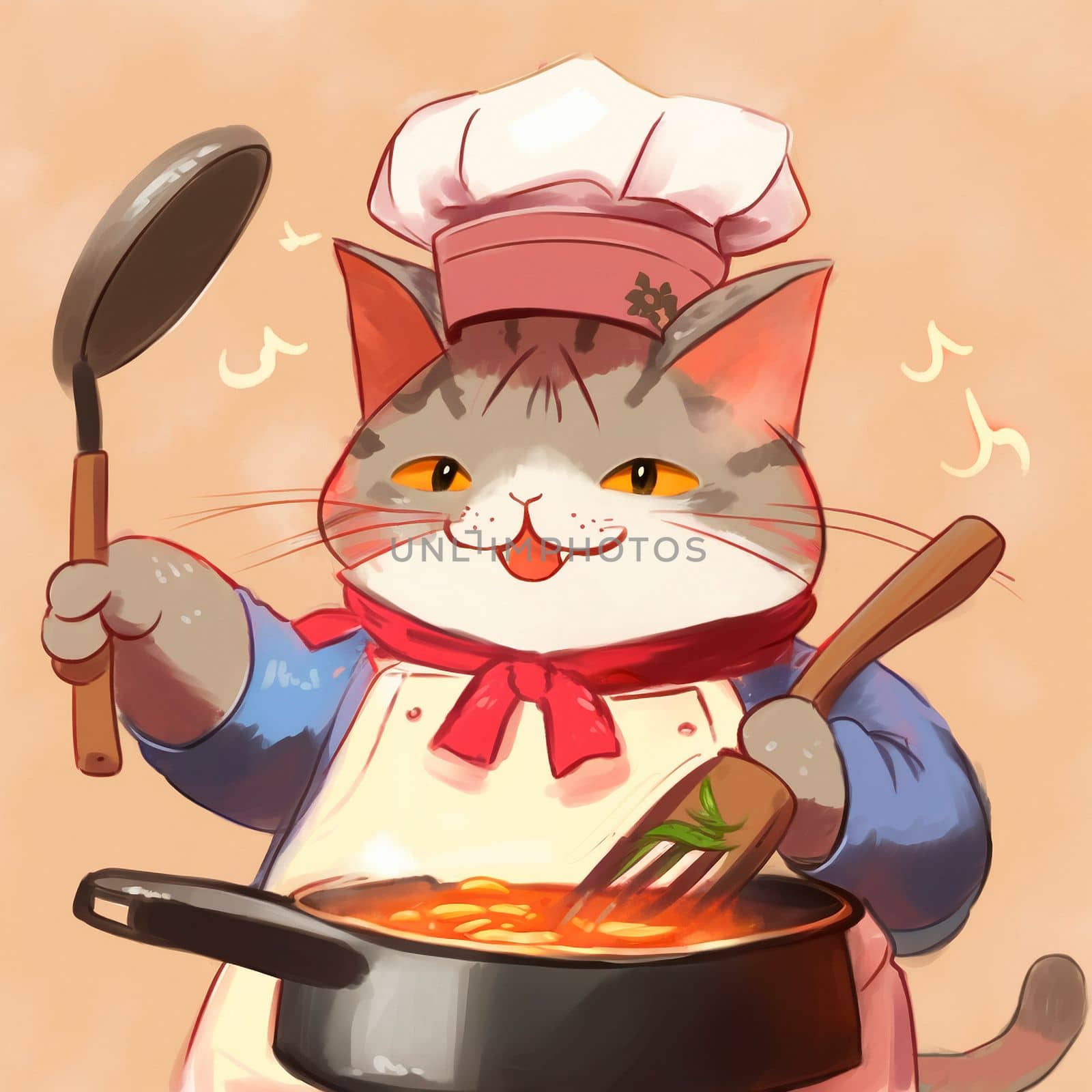 Cartoon image of a cook's cat in a chef's hat, who cooks something in the kitchen, cartoon by NeuroSky