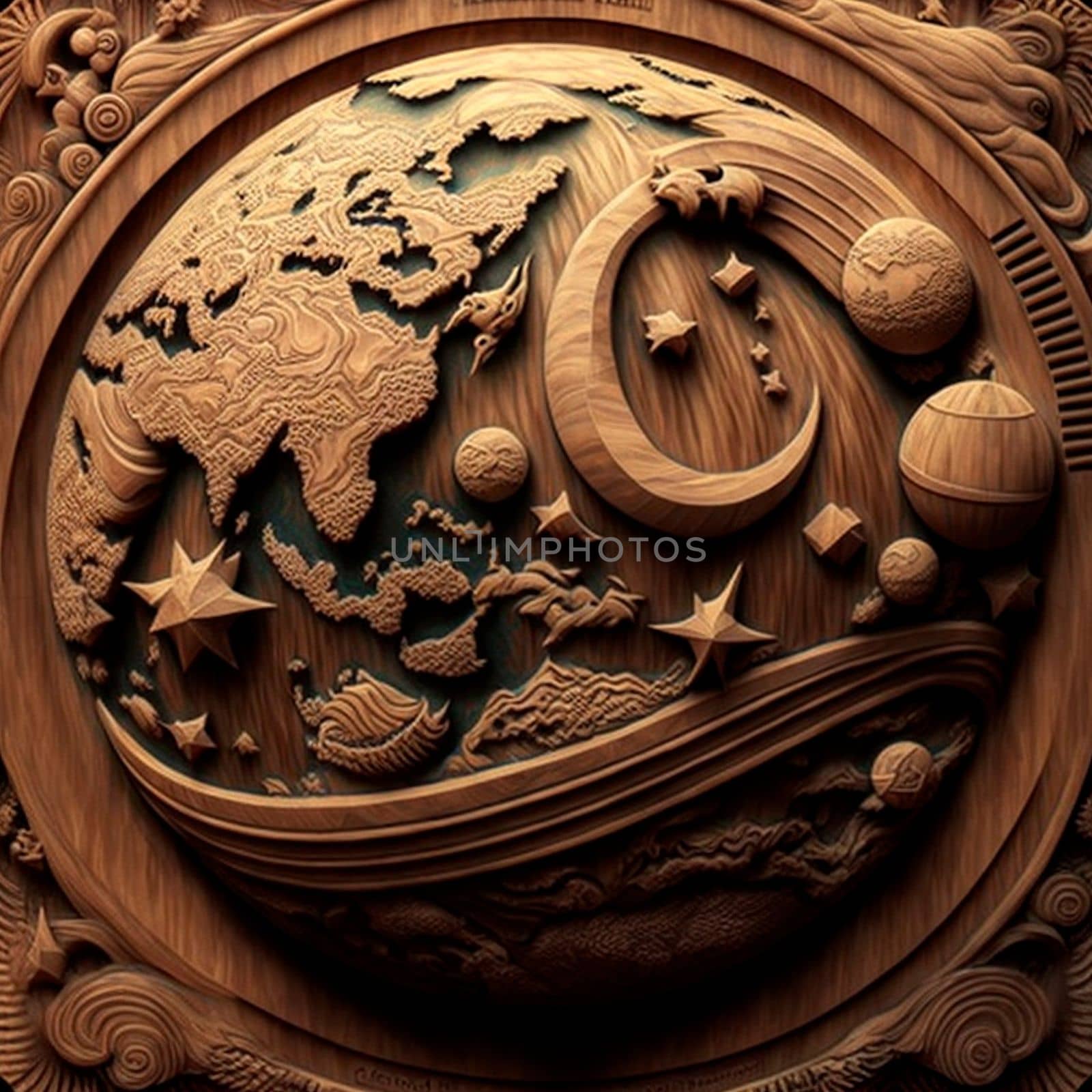 Planet Earth with reservoirs and continents carved out of wood. High quality illustration