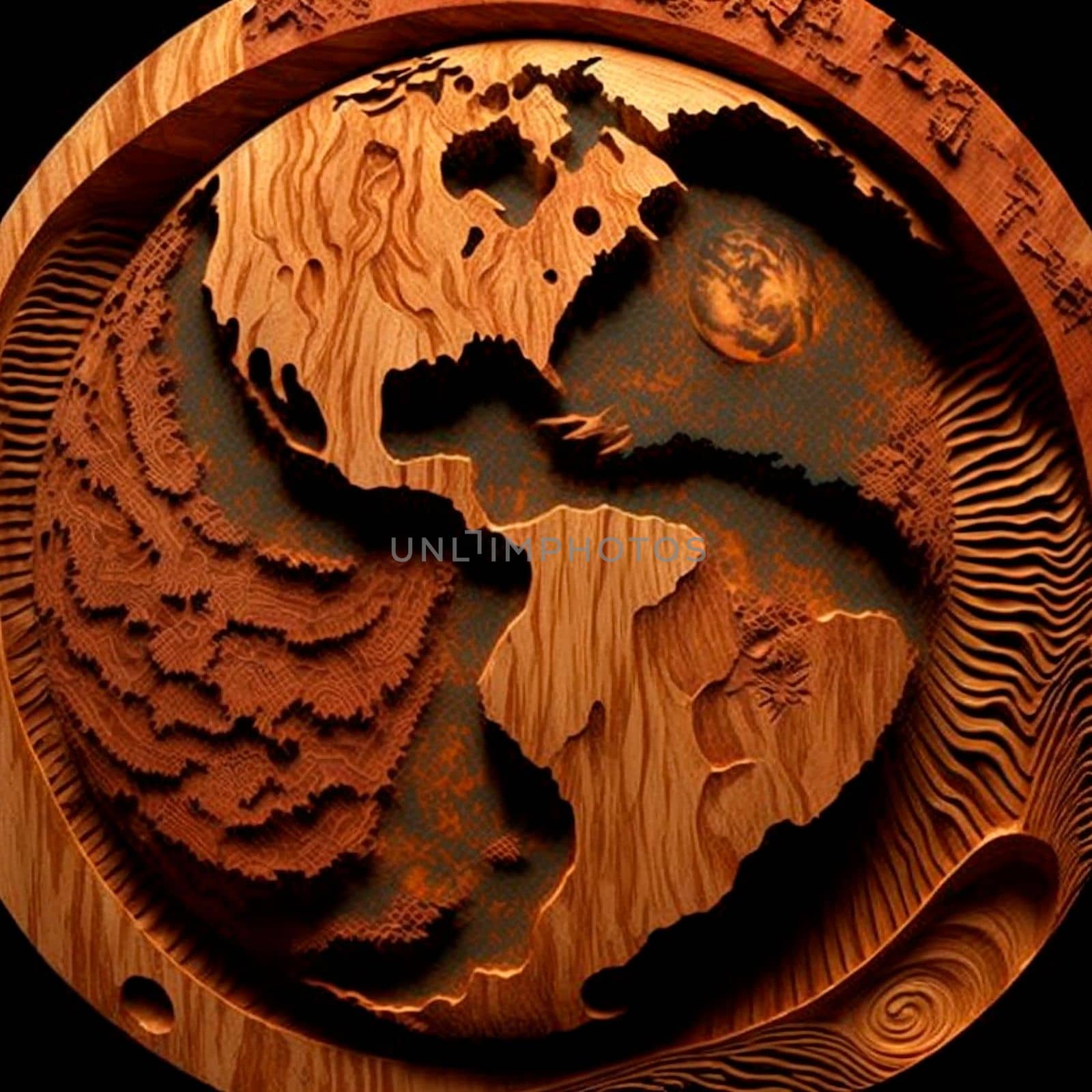 Planet Earth with reservoirs and continents carved out of wood. High quality illustration