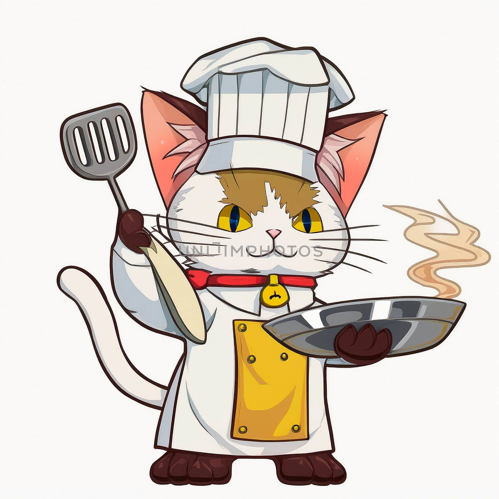 Cartoon image of a cook's cat in a chef's hat, who cooks something in the kitchen, cartoon by NeuroSky