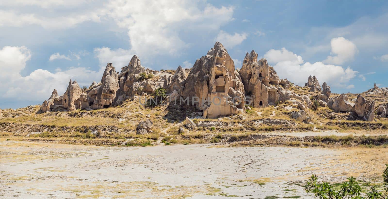 Beautiful stunning view of the mountains of Cappadocia and cave houses. Turkey.