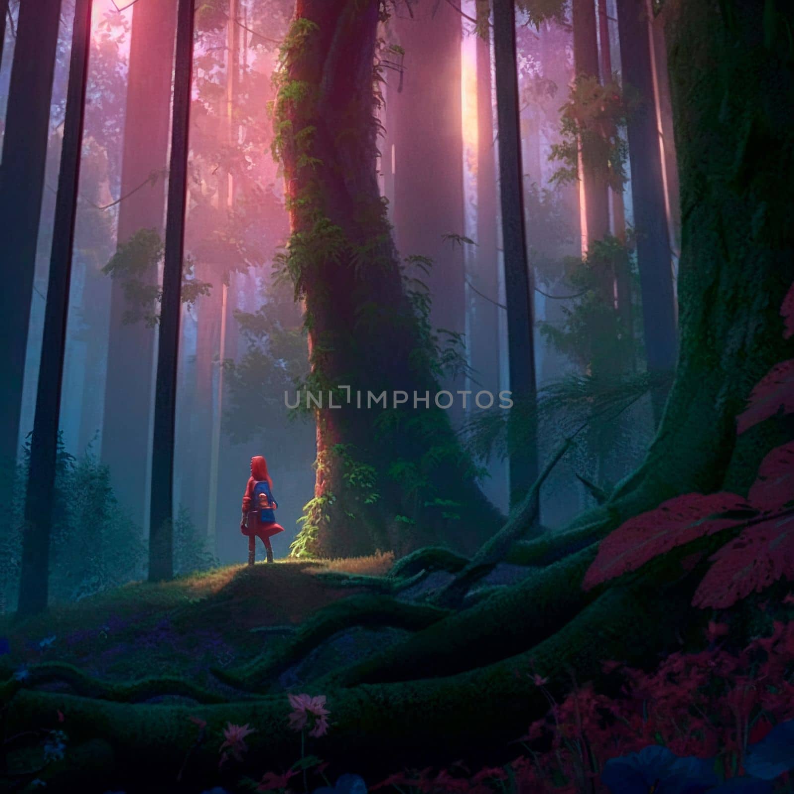 A girl in a big forest. High quality illustration