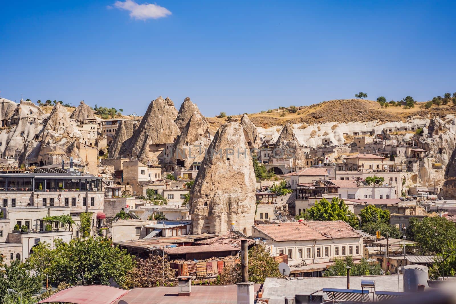 Beautiful stunning view of the mountains of Cappadocia and cave houses. Turkey.