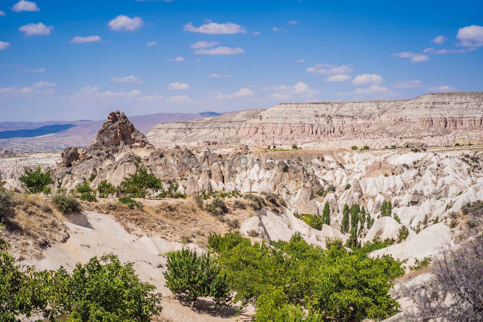 Beautiful stunning view of the mountains of Cappadocia and cave houses. Turkey.