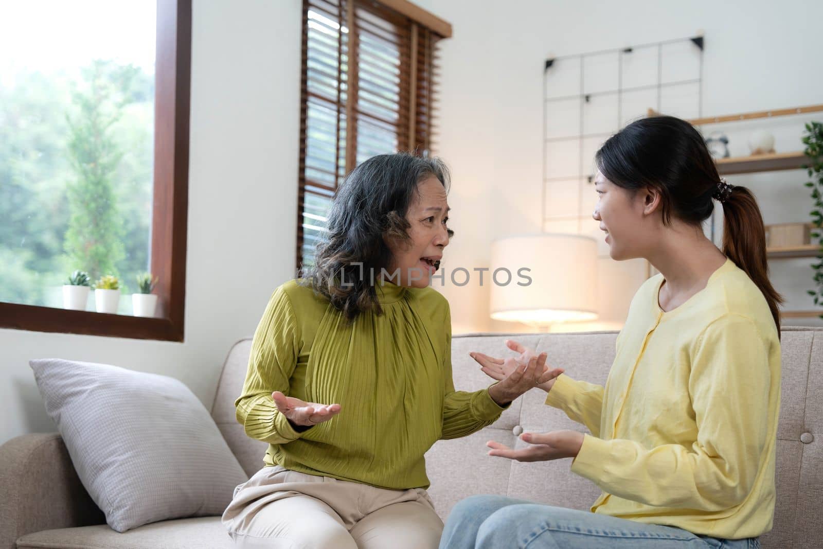 Family sit on couch having dispute, grown up daughter proves her right aggressively argue with elderly mother, 60s mom in despair due to misunderstanding. Generational gap, conflicts at home concept by wichayada