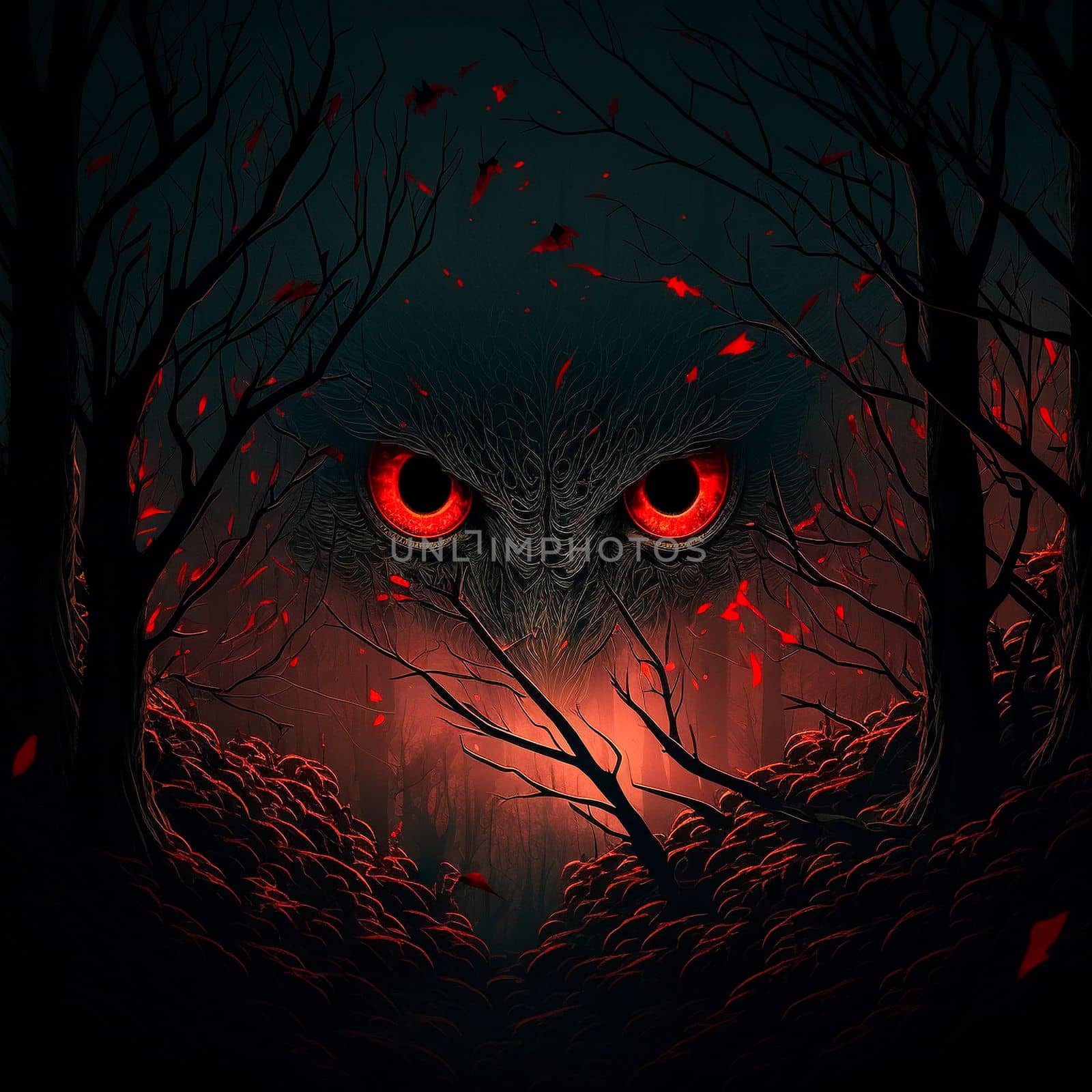 A cat with red eyes in a dark forest. High quality illustration