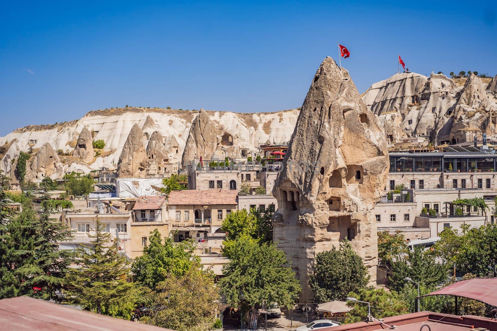 Beautiful stunning view of the mountains of Cappadocia and cave houses. Turkey.