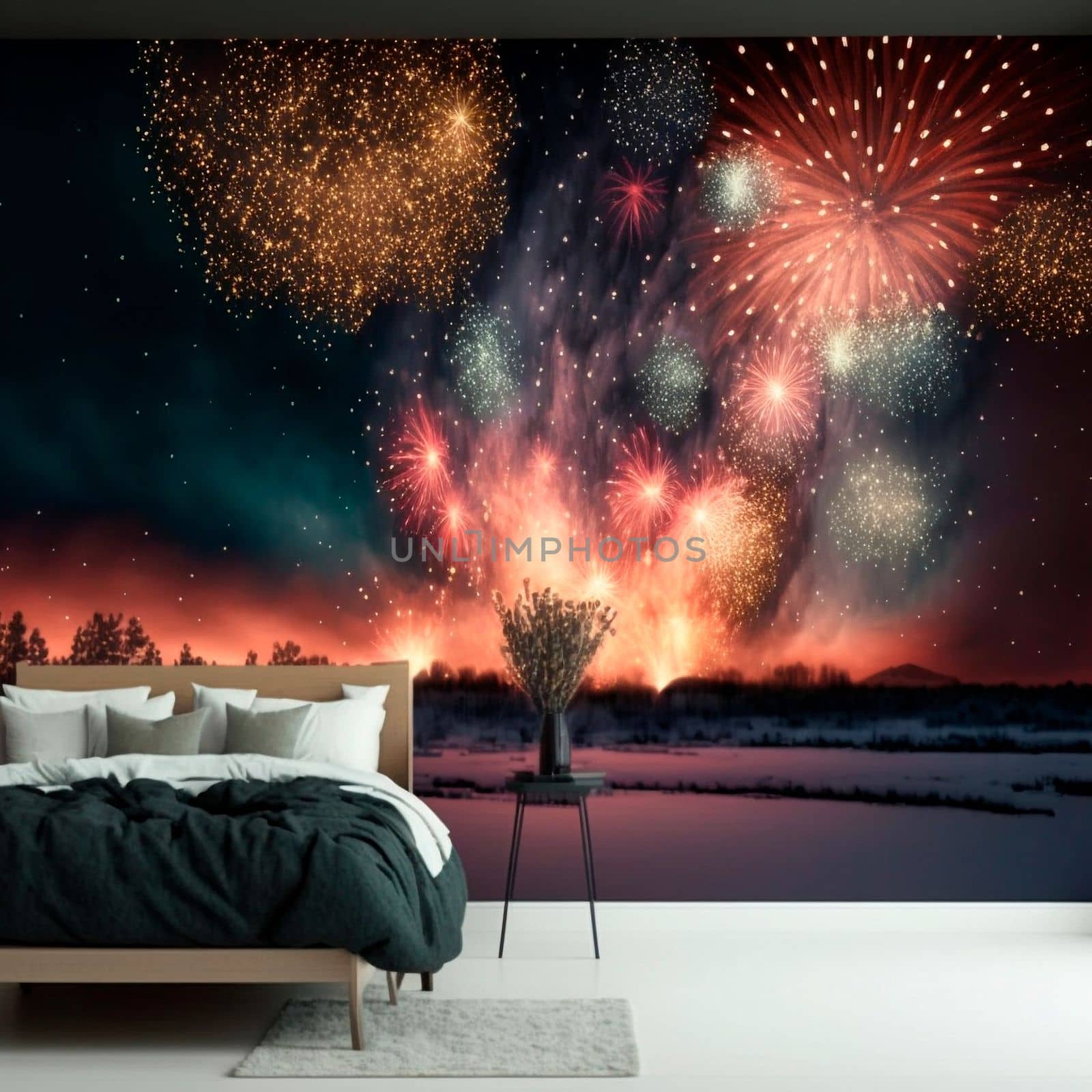 Bedroom with wallpaper depicting the night sky in fireworks. High quality illustration