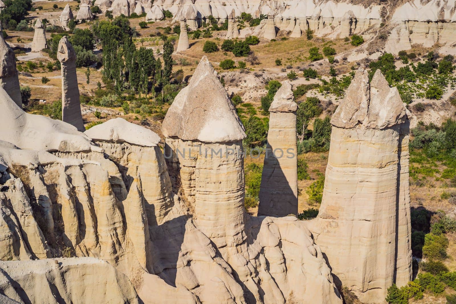 Unique geological formations in Love Valley in Cappadocia, popular travel destination in Turkey by galitskaya