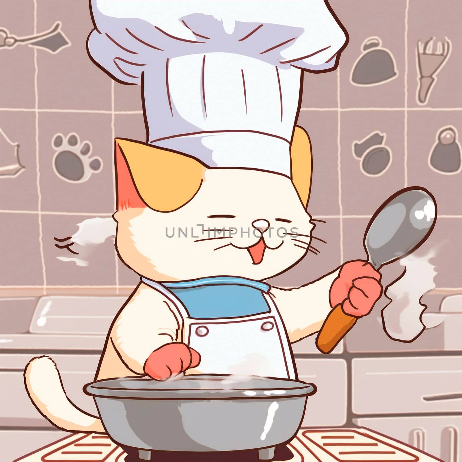 Cartoon image of a cook's cat in a chef's hat, who cooks something in the kitchen, cartoon. High quality illustration