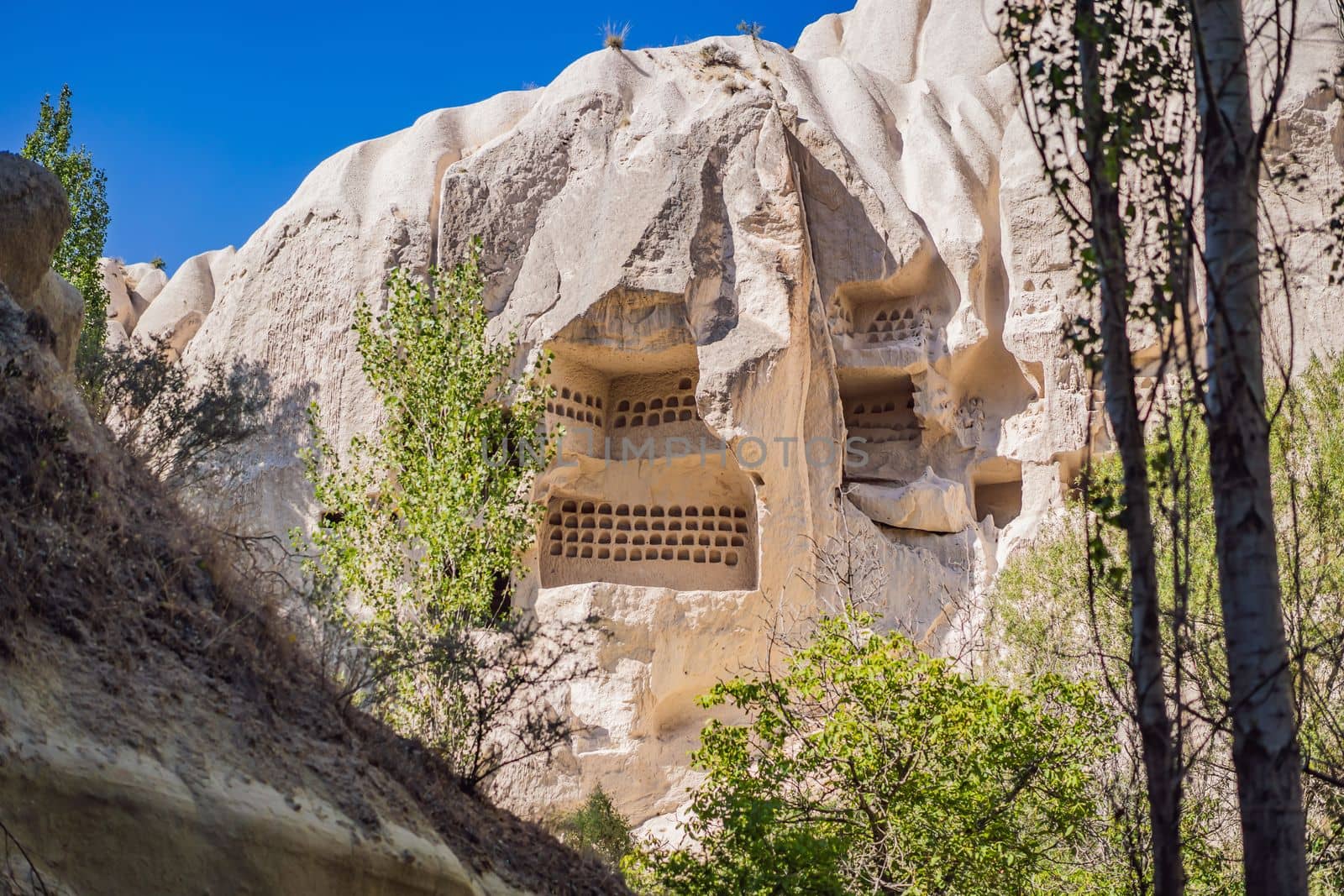 Beautiful stunning view of the mountains of Cappadocia and cave houses. Turkey.