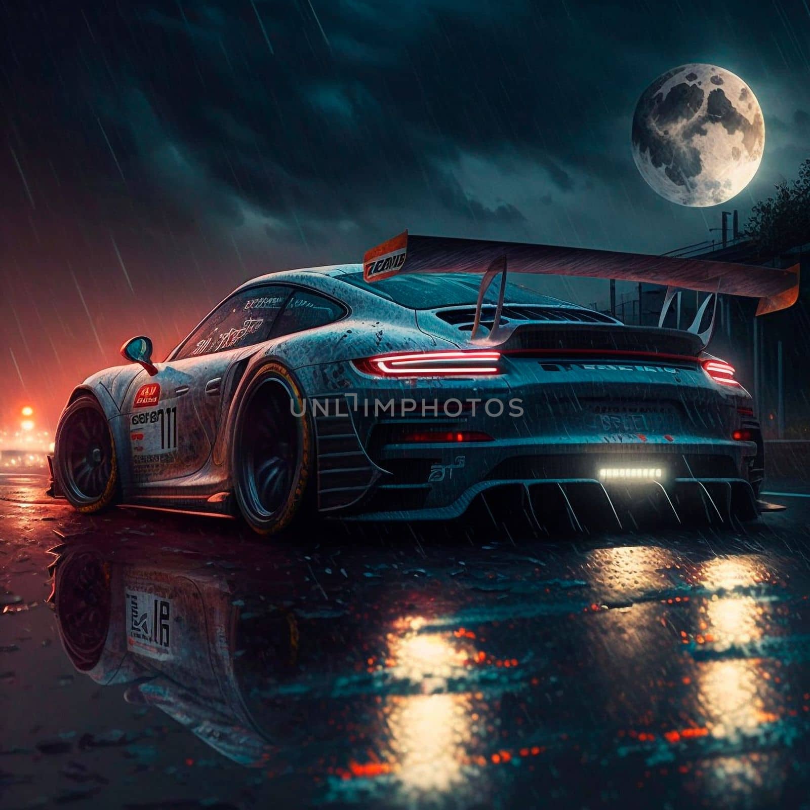 Glowing racing car cuts through the night city in the rain. High quality illustration