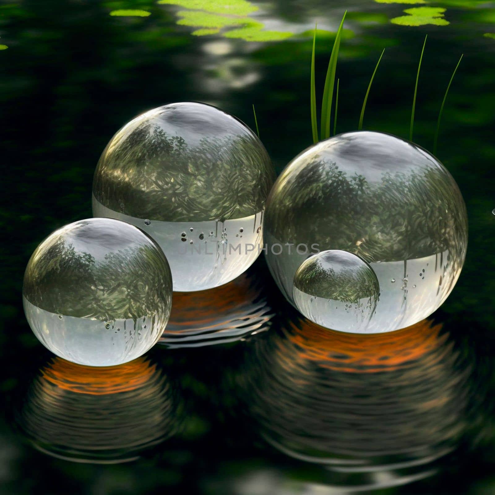 Transparent water spheres against a stunning backdrop of mountains and water. Reflection of the landscape and elements inside the spheres. High quality illustration