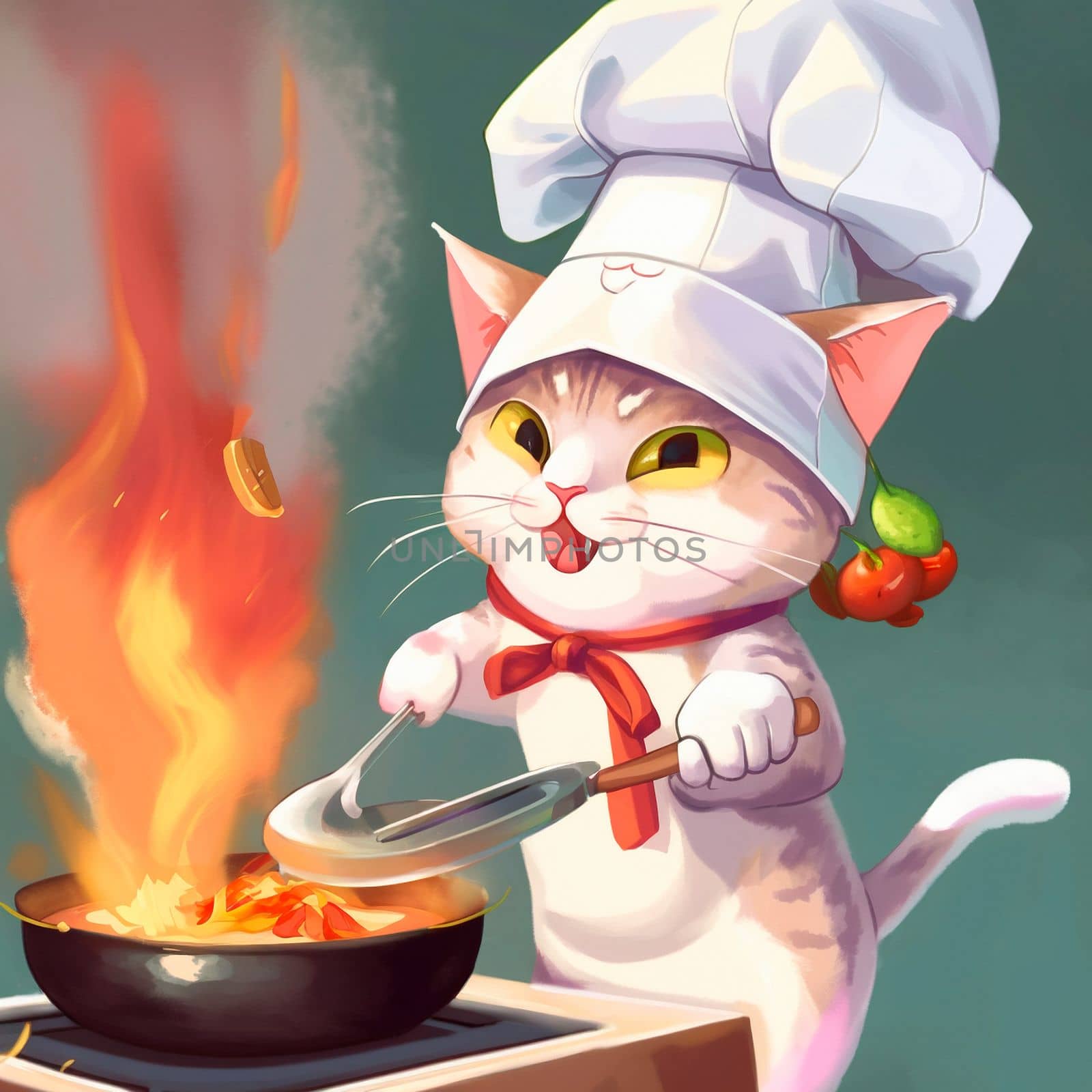 Cartoon image of a cook's cat in a chef's hat, who cooks something in the kitchen, cartoon by NeuroSky