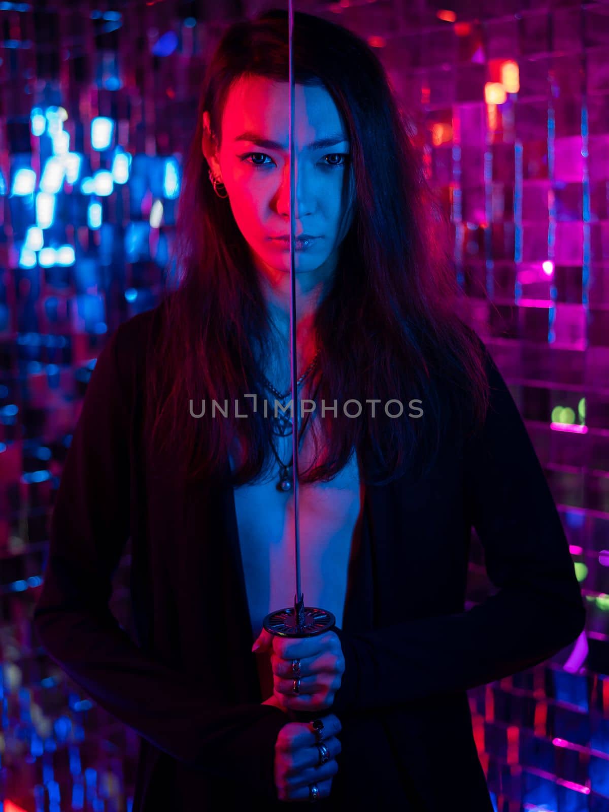 Male transgender neon light studio. Asian with samurai sword. by mrwed54