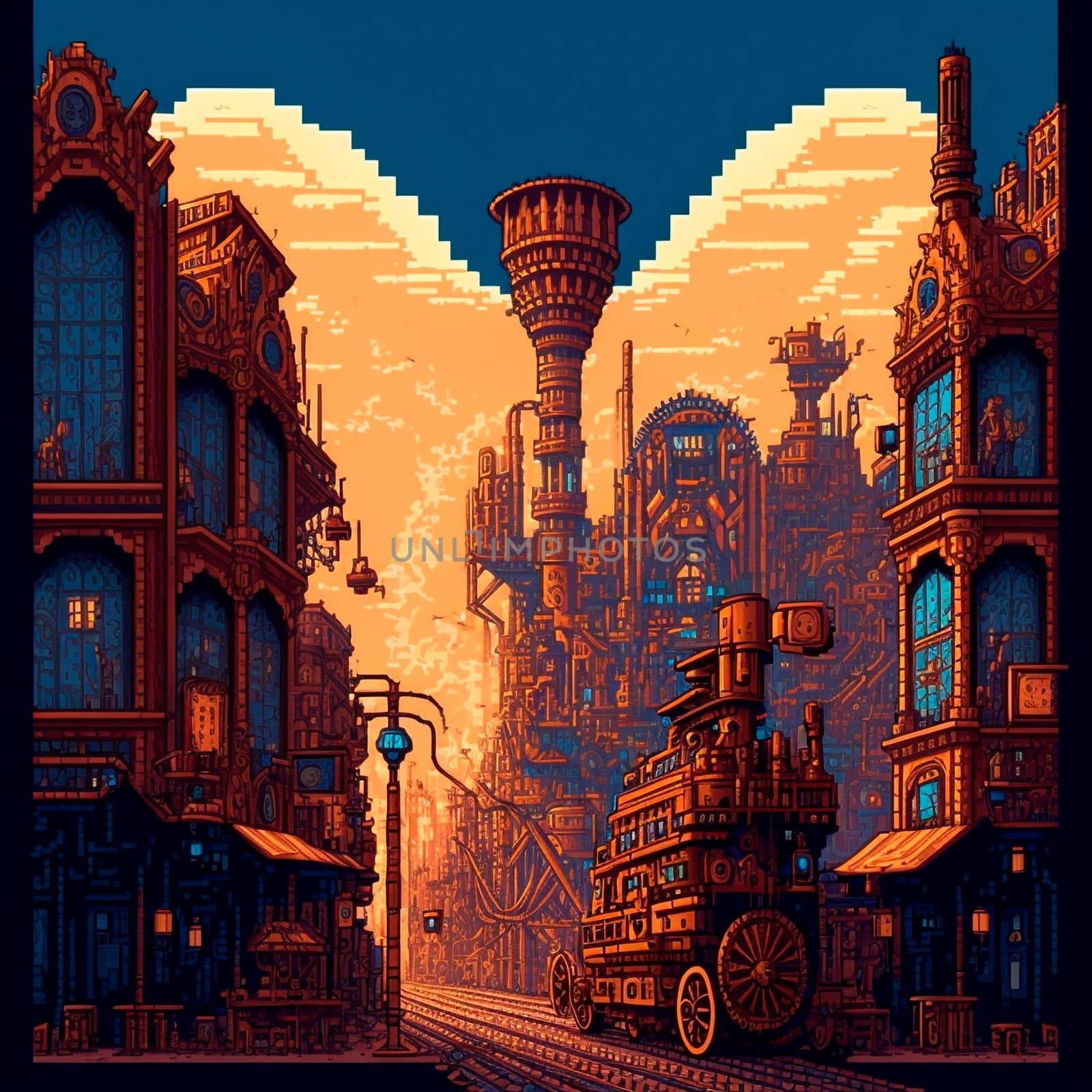 Cartoon image of a steampunk city stylized as pixelart. High quality illustration