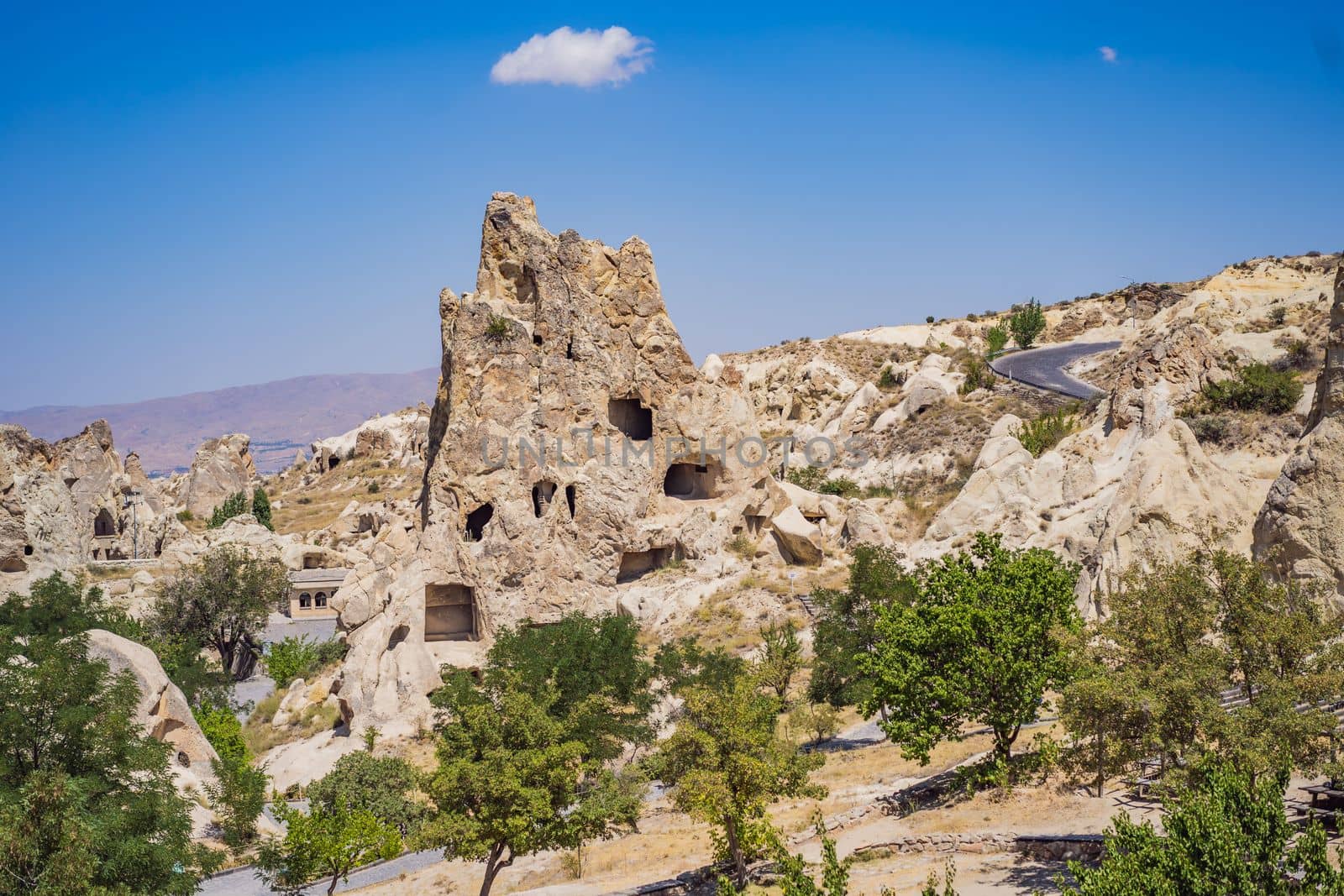 Beautiful stunning view of the mountains of Cappadocia and cave houses. Turkey.