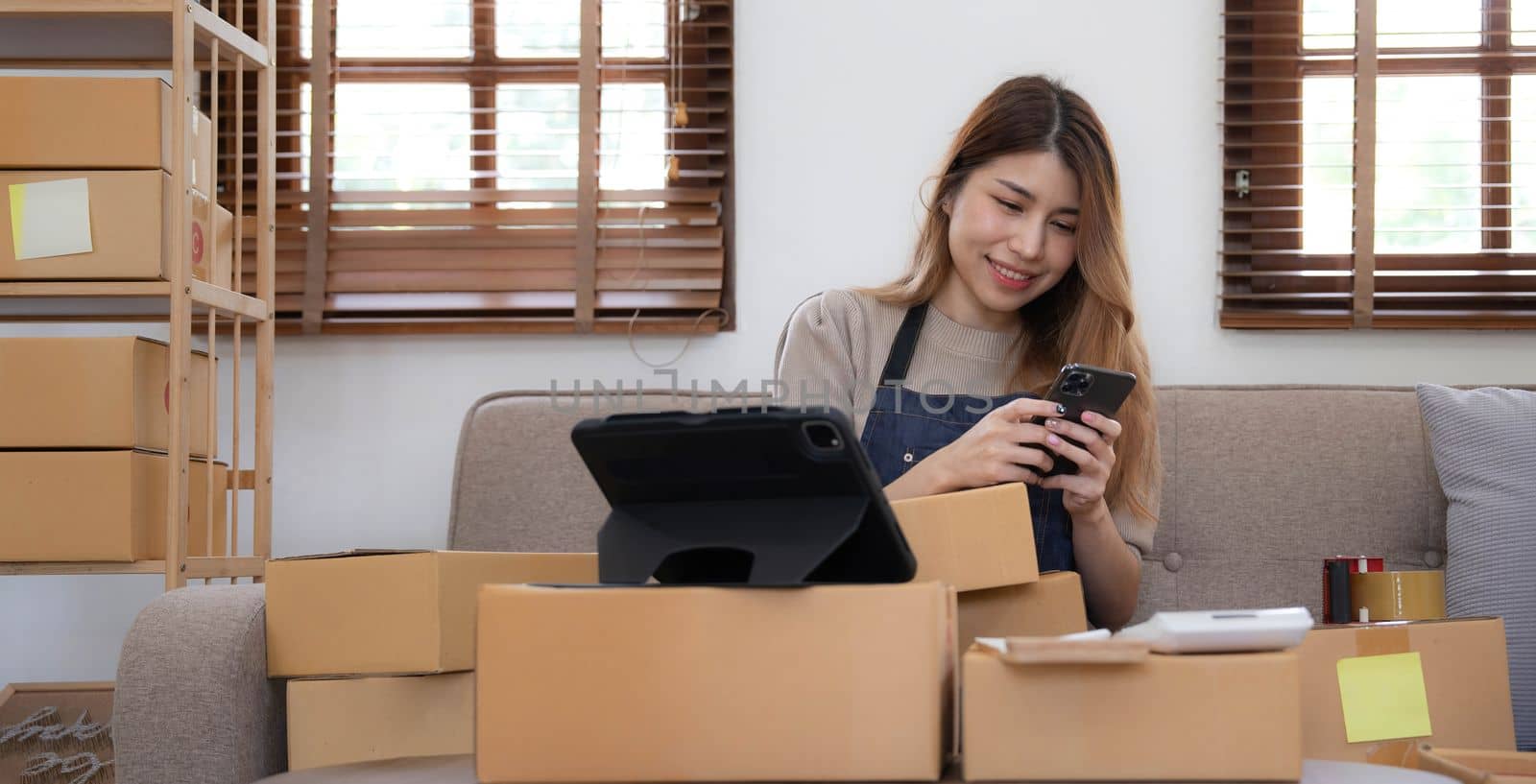 Asian business woman leaning on the sofa use laptop computer checking customer order online shipping boxes at home. Starting Small business entrepreneur SME