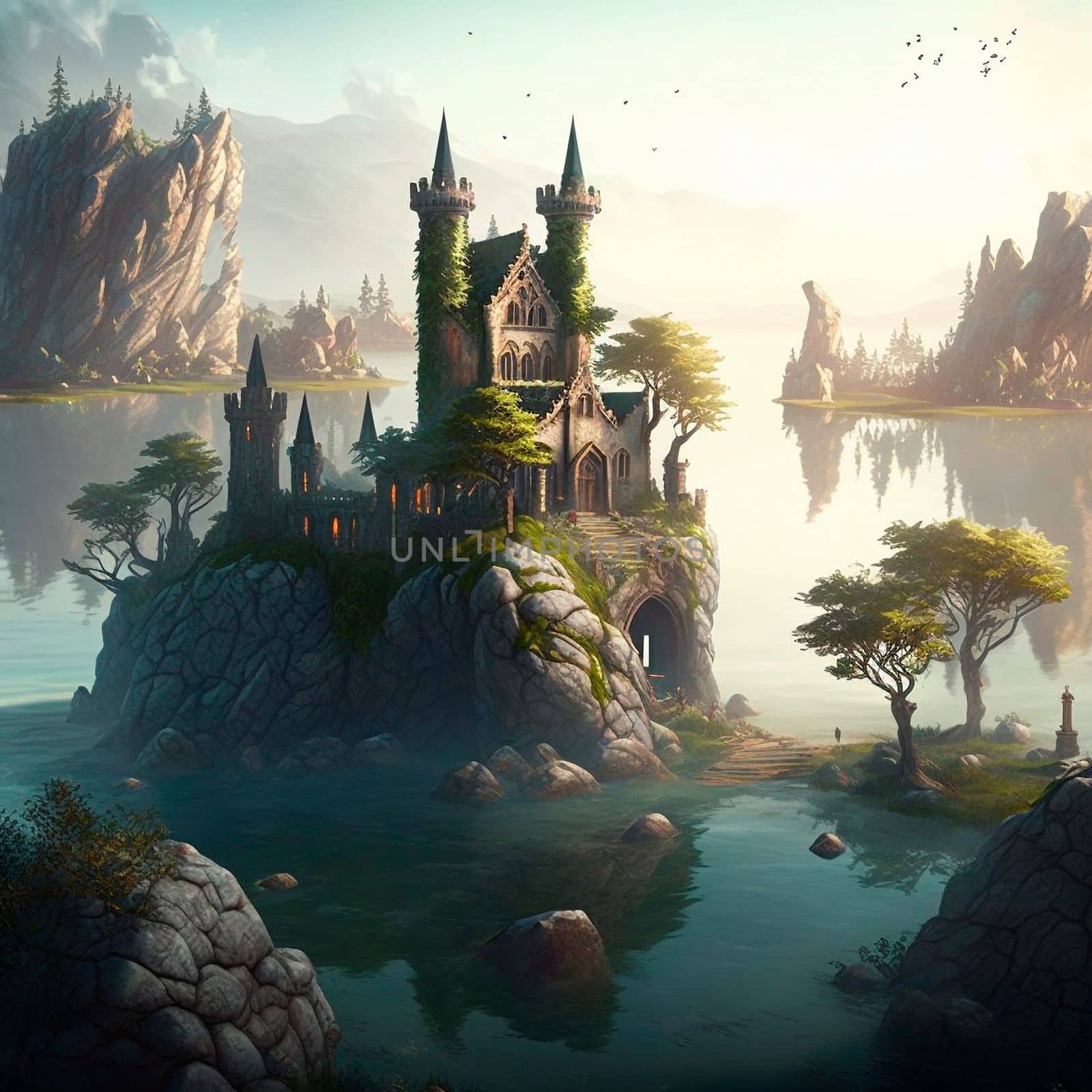 Mystical mysterious ruins on the lake islands. High quality illustration