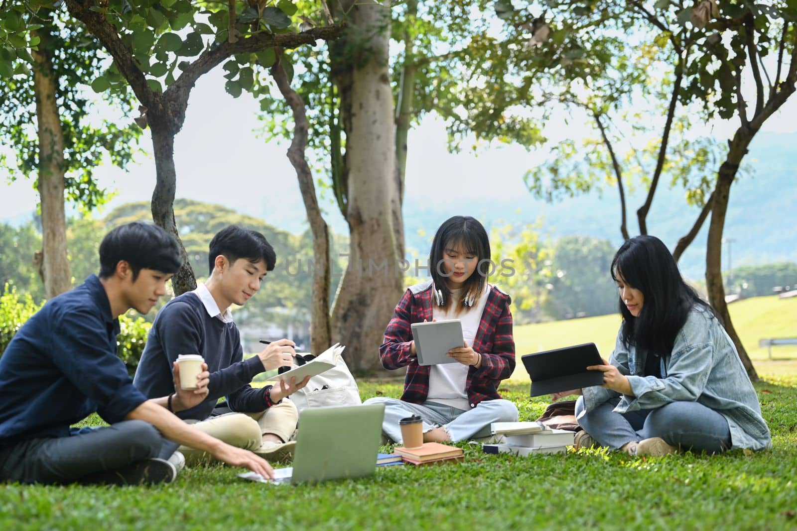 Young Asian college students working on group project and communicating while sitting on on campus lawn on beautiful day.
