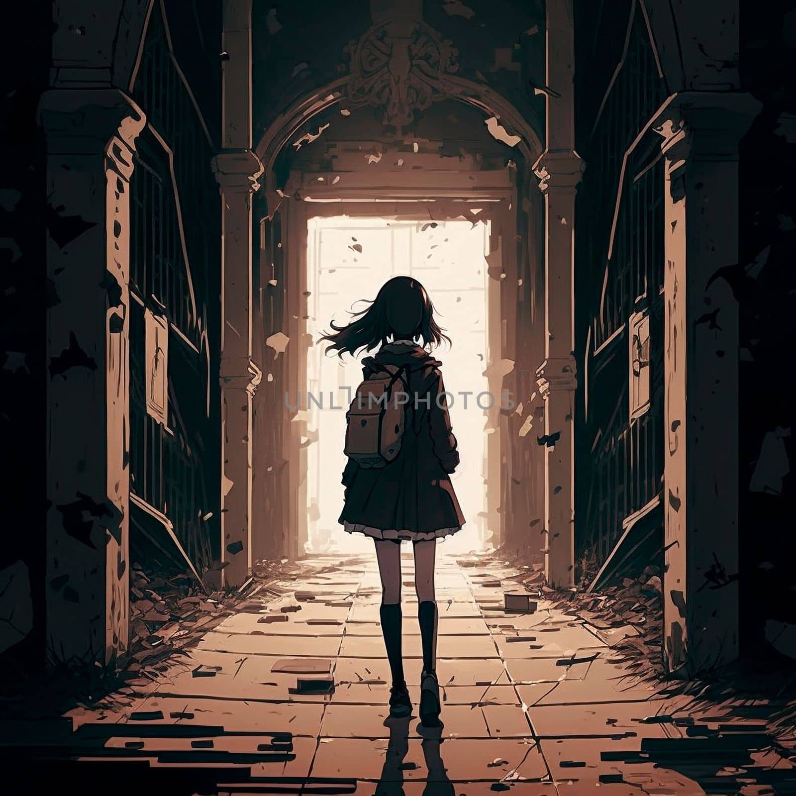 A girl in a gloomy corridor. High quality illustration