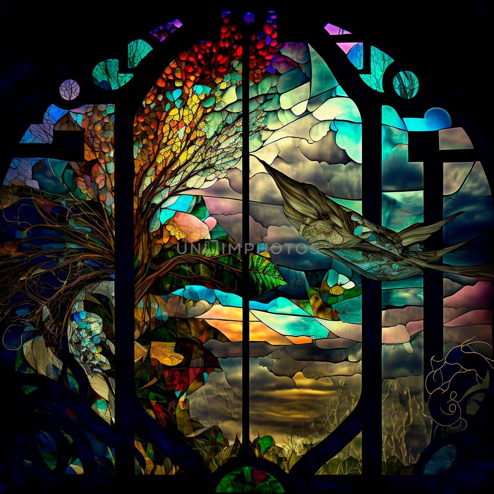Multicolored image of nature in a glass mosaic. Stained glass. High quality illustration