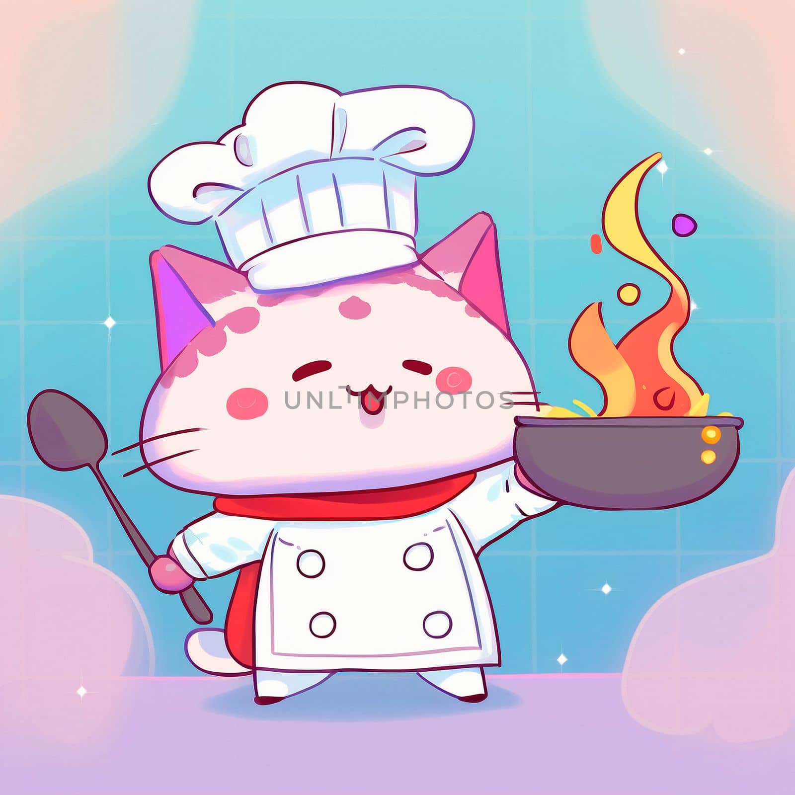 Cartoon image of a cook's cat in a chef's hat, who cooks something in the kitchen, cartoon by NeuroSky