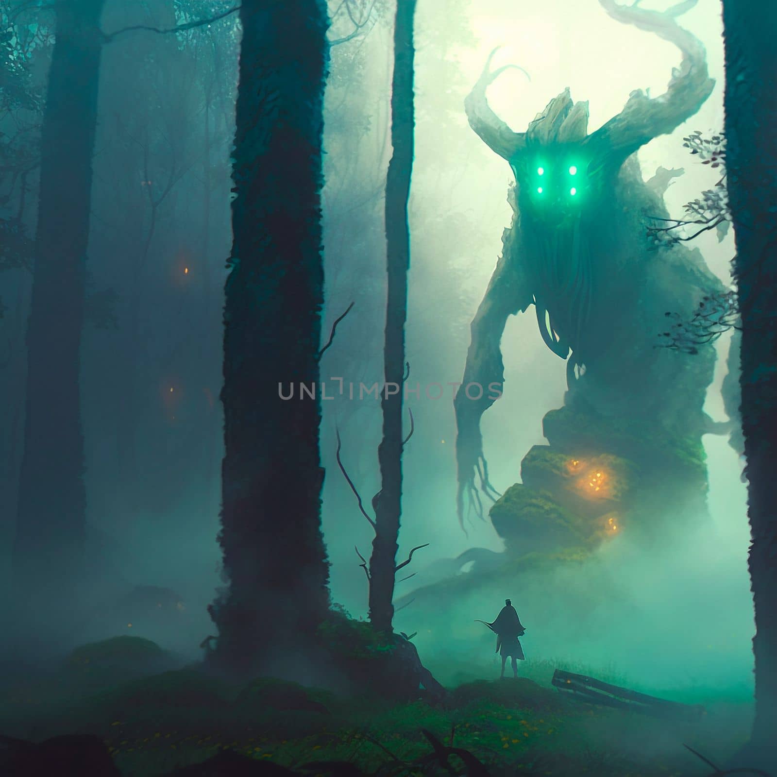 A scary forest spirit in a mystical misty forest. High quality illustration