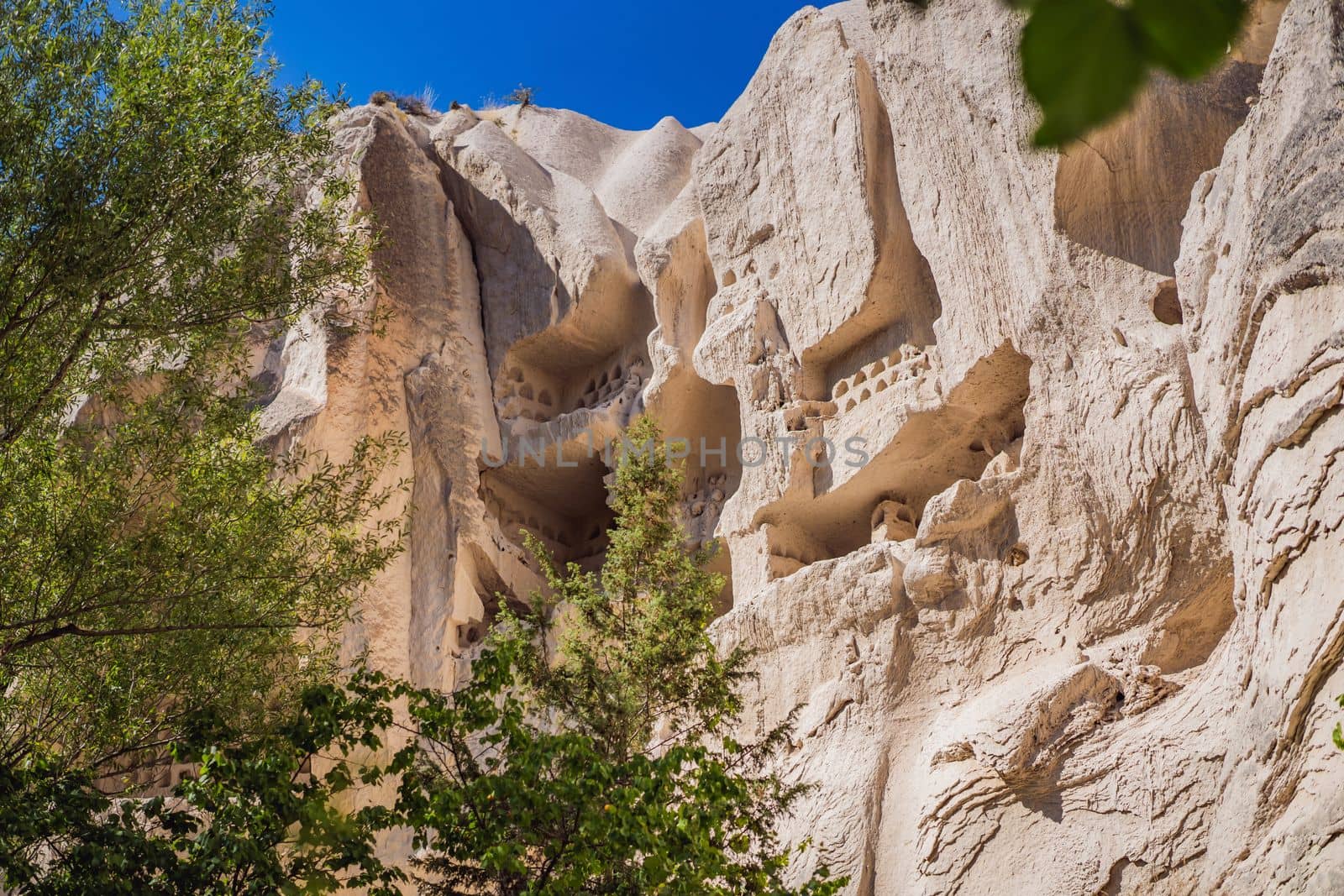 Beautiful stunning view of the mountains of Cappadocia and cave houses. Turkey.